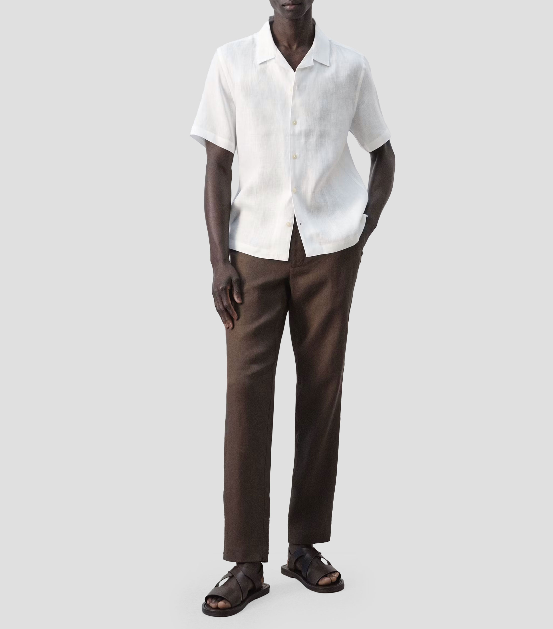 Camisa sólida de lino manga corta Hombre