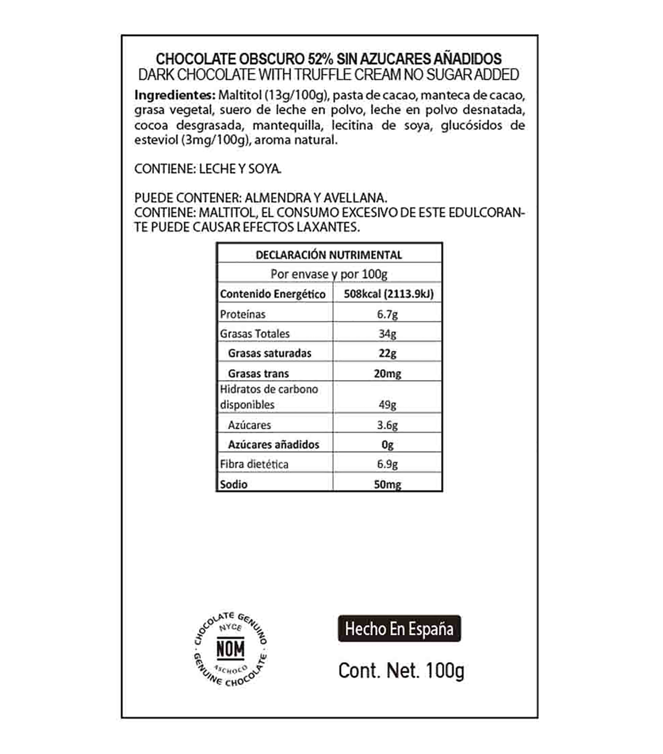 Chocolate 70 con Crema de Avellana Dark sin Azucar, 100 g