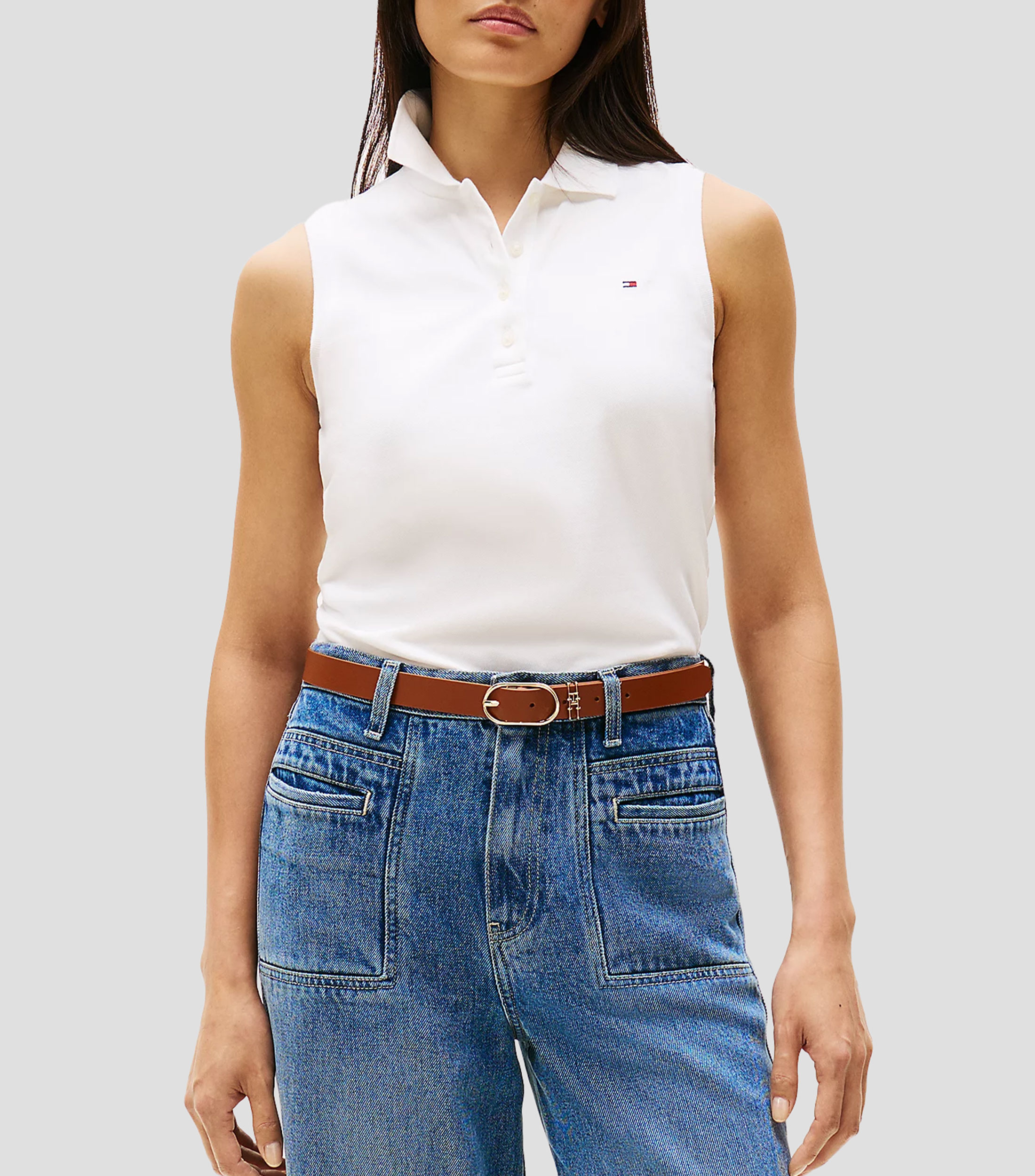 Playera tipo polo liso sin mangas Mujer