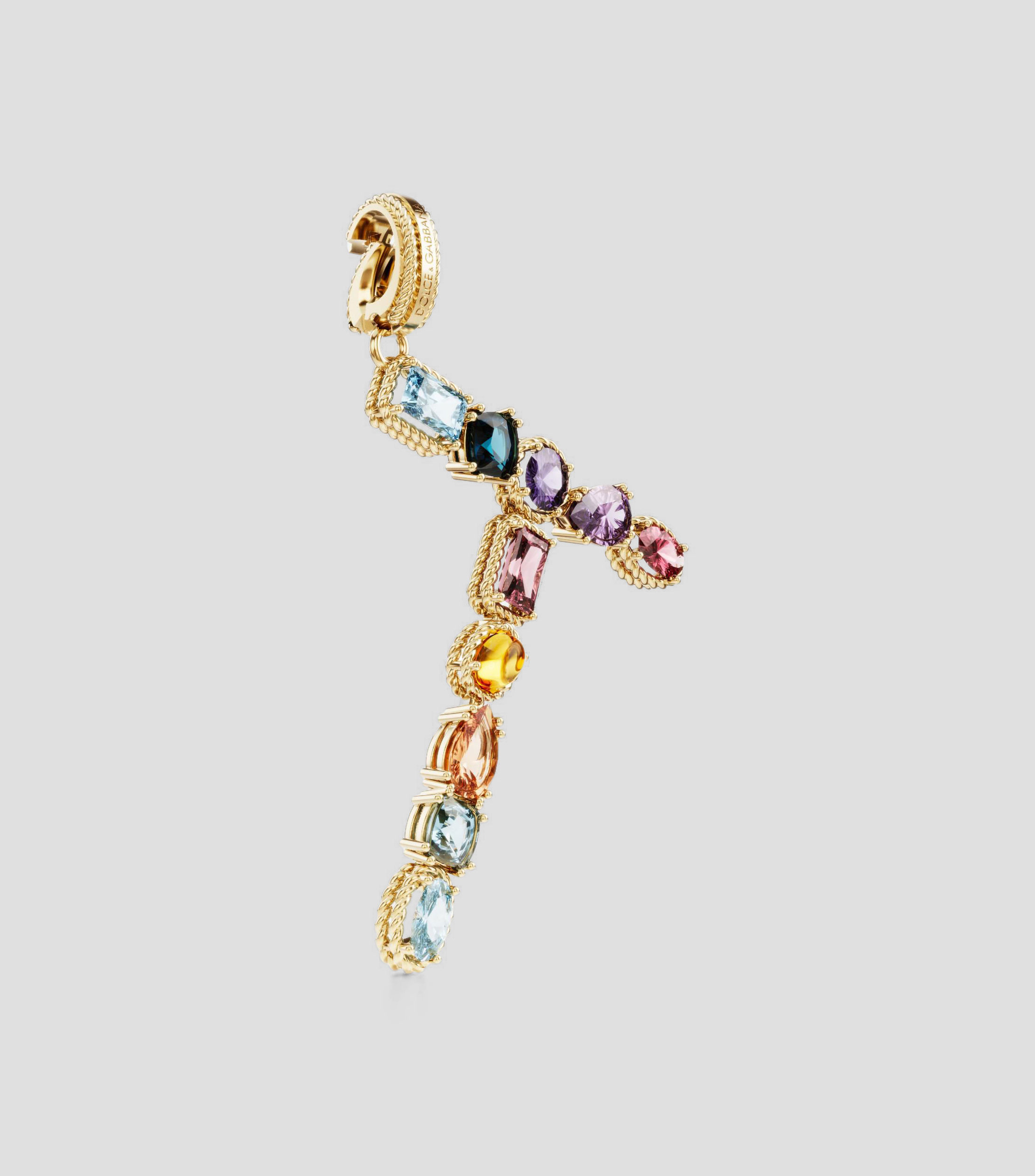 Charm en forma de letra T en Oro de 18 Kilates con gemas naturales multicolores Alphabet Rainbow Mujer