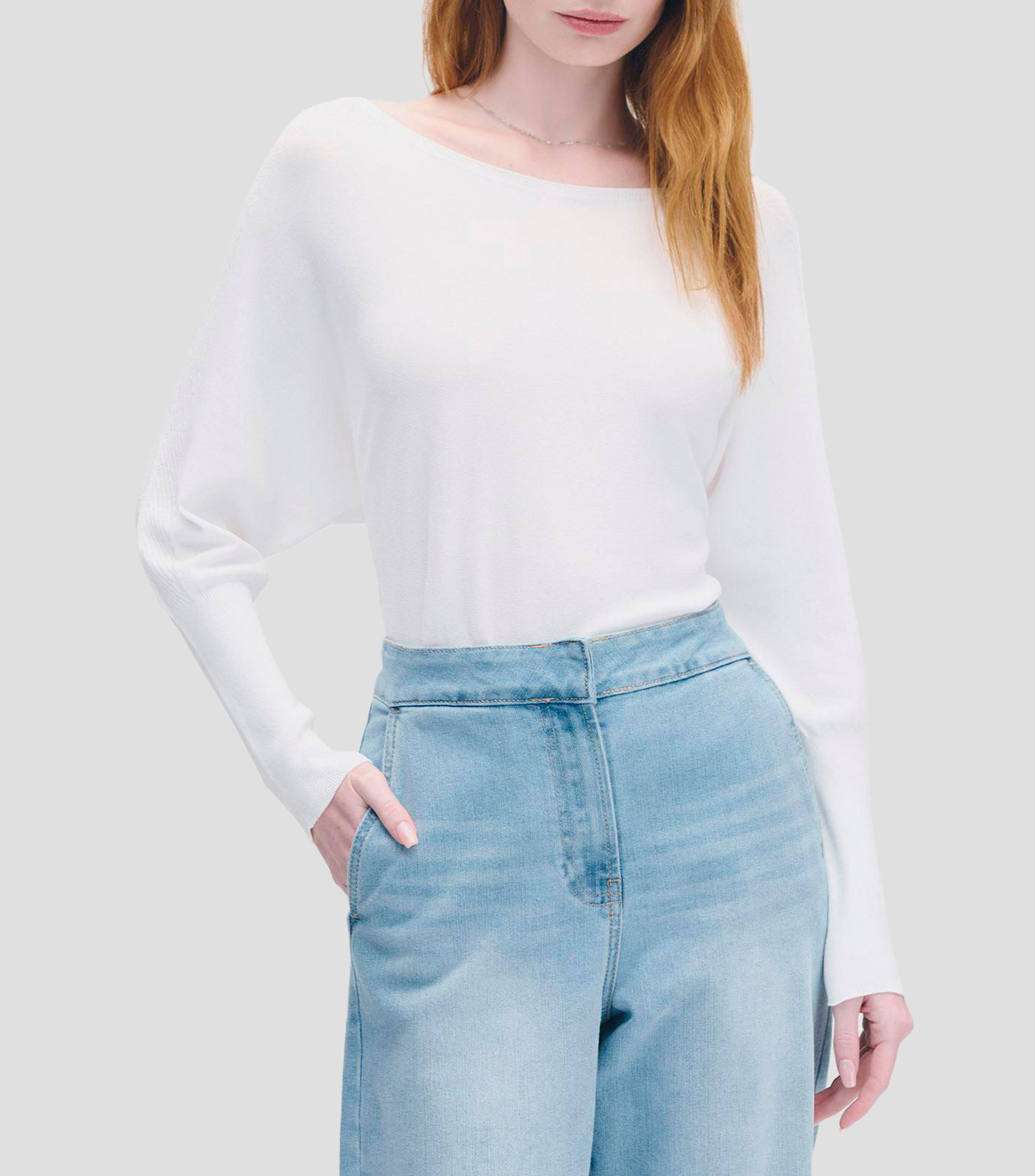 Suéter De Punto Tejido Ligero Combinado Escote Ojal Manga Dolman Mujer
