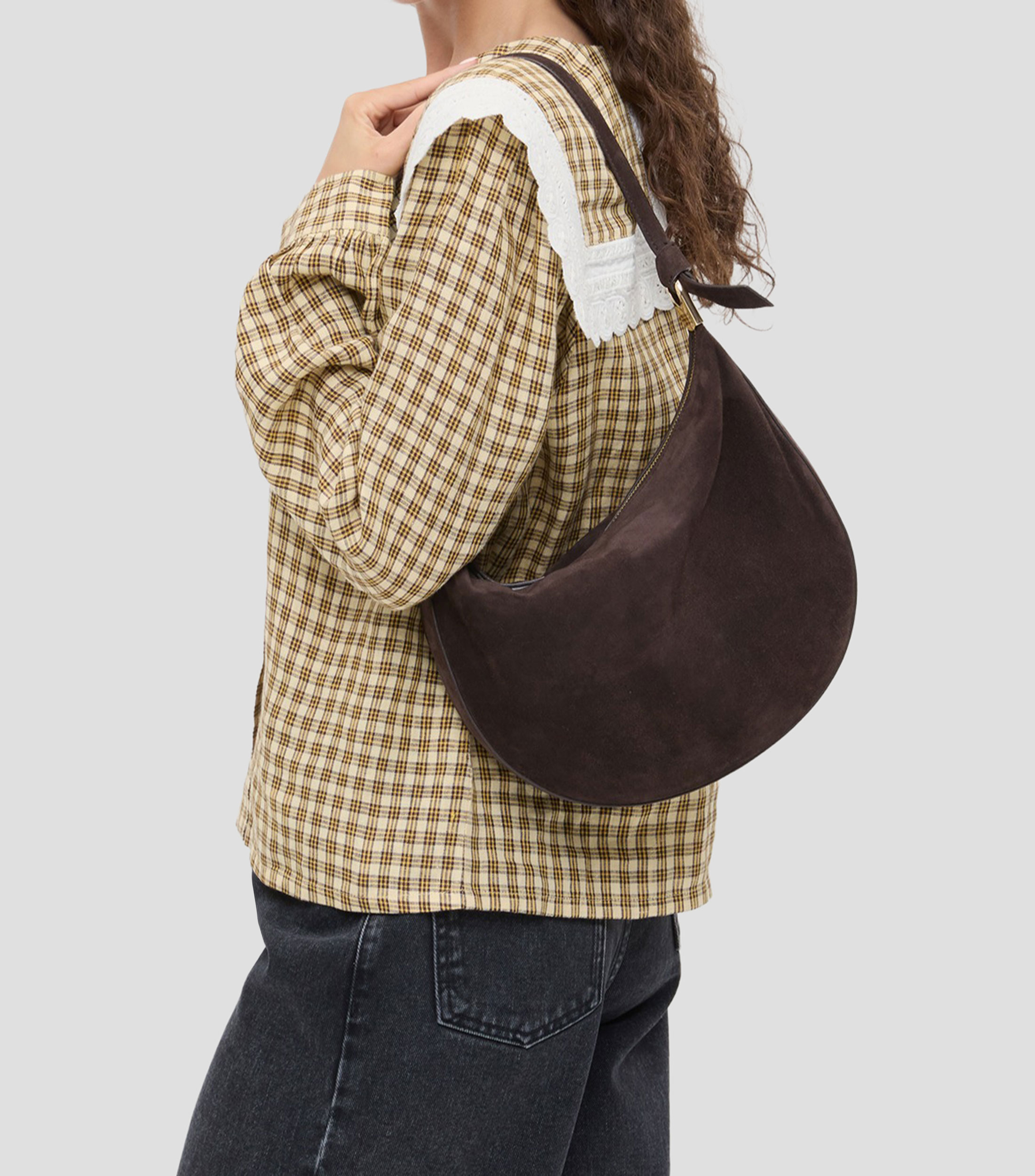 Bolsa shoulder marrón en piel gamuza Mujer