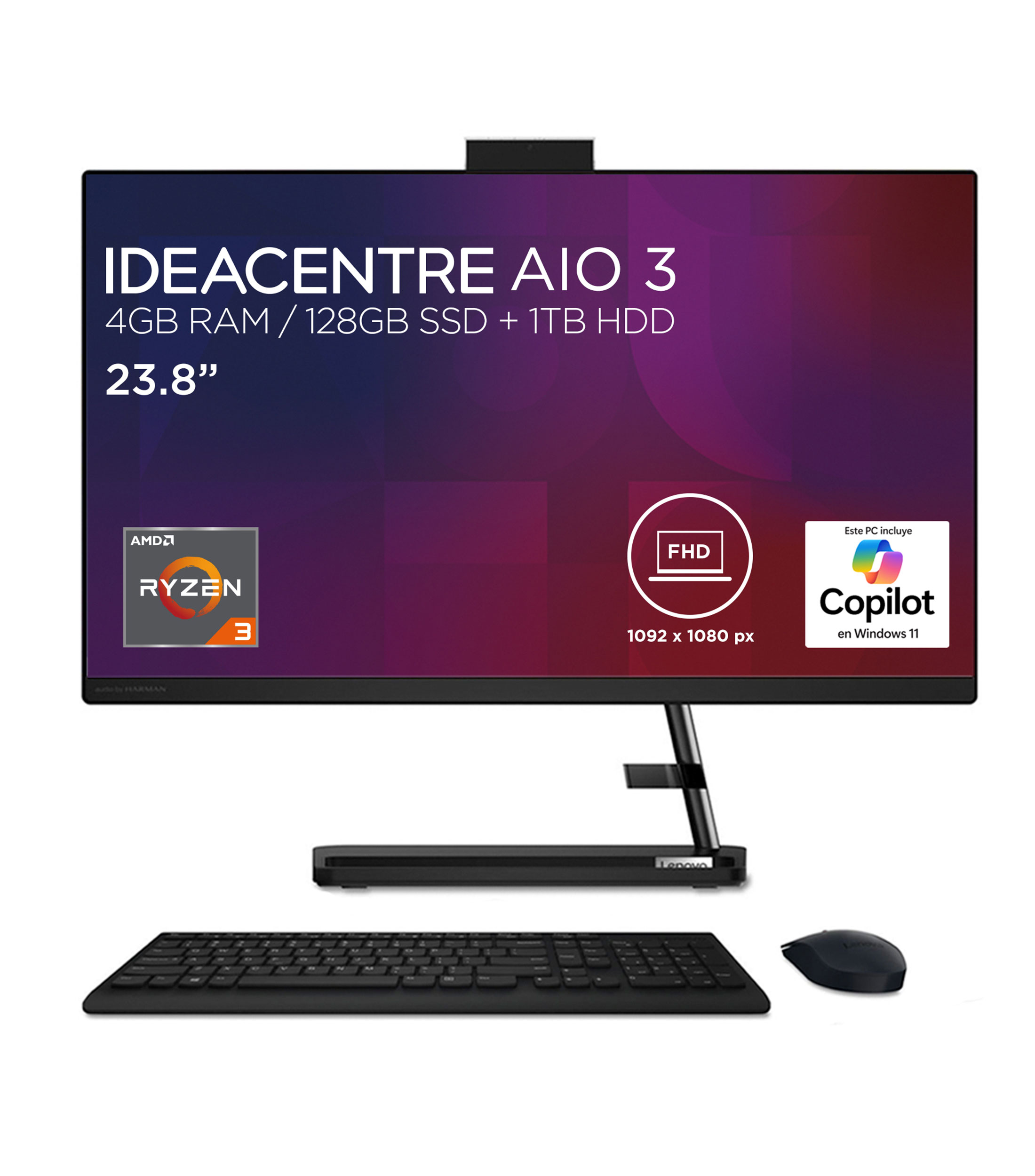 Computadora de Escritorio, IdeaCentre AIO 3, 23.8", AMD Ryzen 3, RAM 4 GB, SSD 128 GB + HDD 1 TB, Black