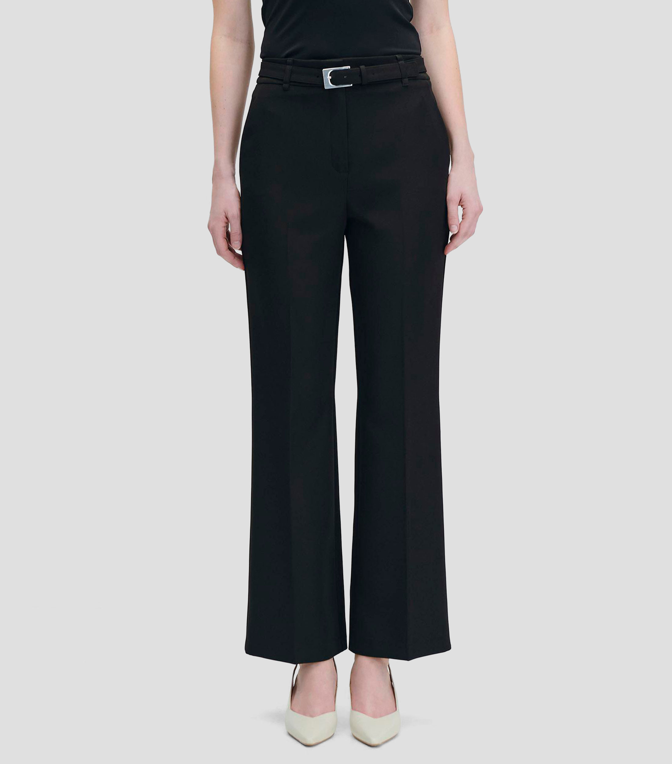 Pantalón Recto Fluido Tiro Alto Negro con Cinturón Mujer