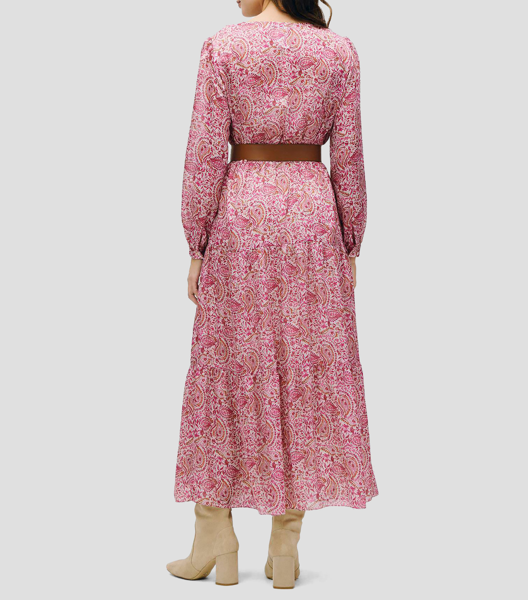 Vestido maxi de satín fucsia estampado ornamental con cinturón Mujer