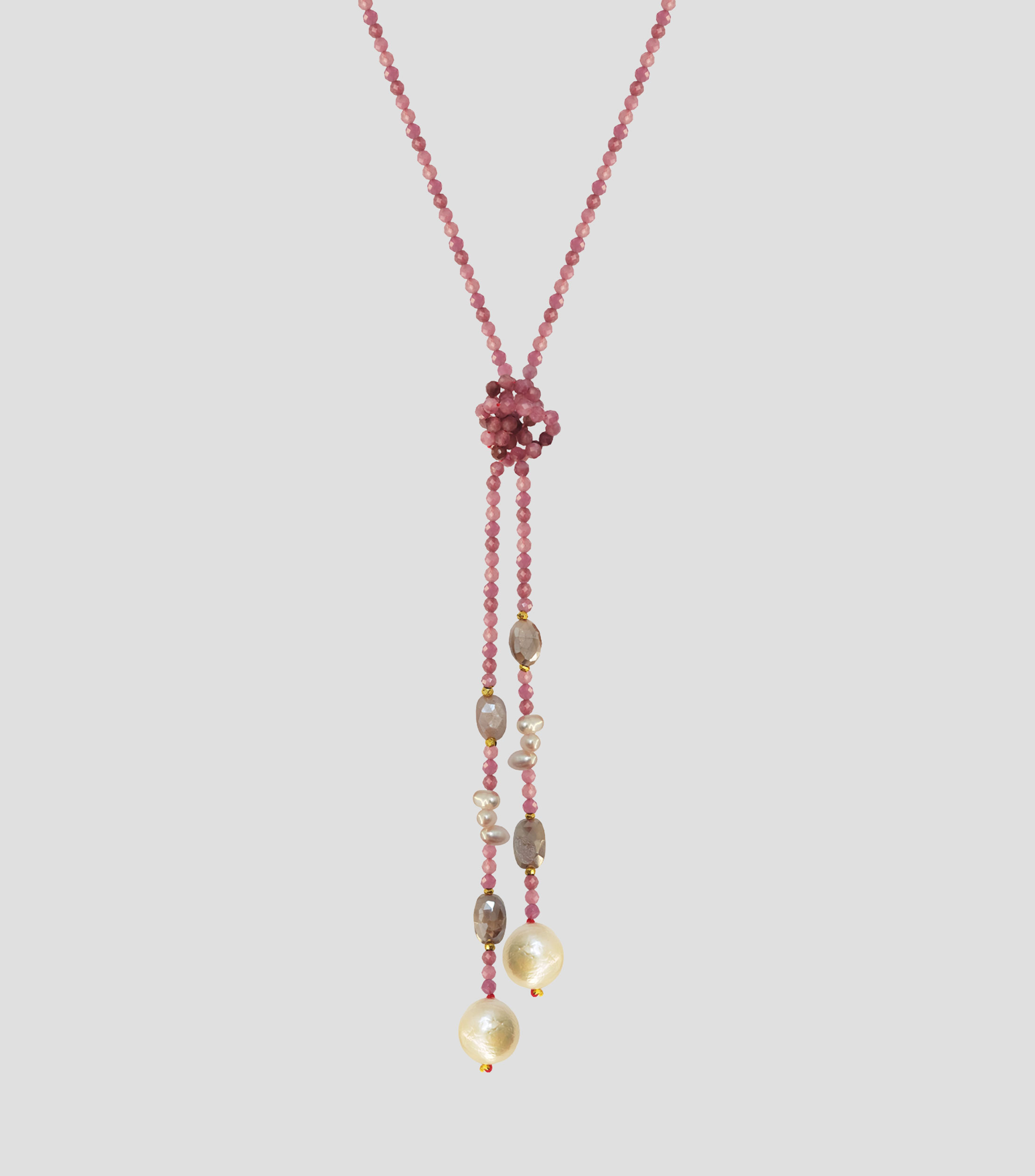 Collar lazo con turmalina, perlas y piedra luna Mujer