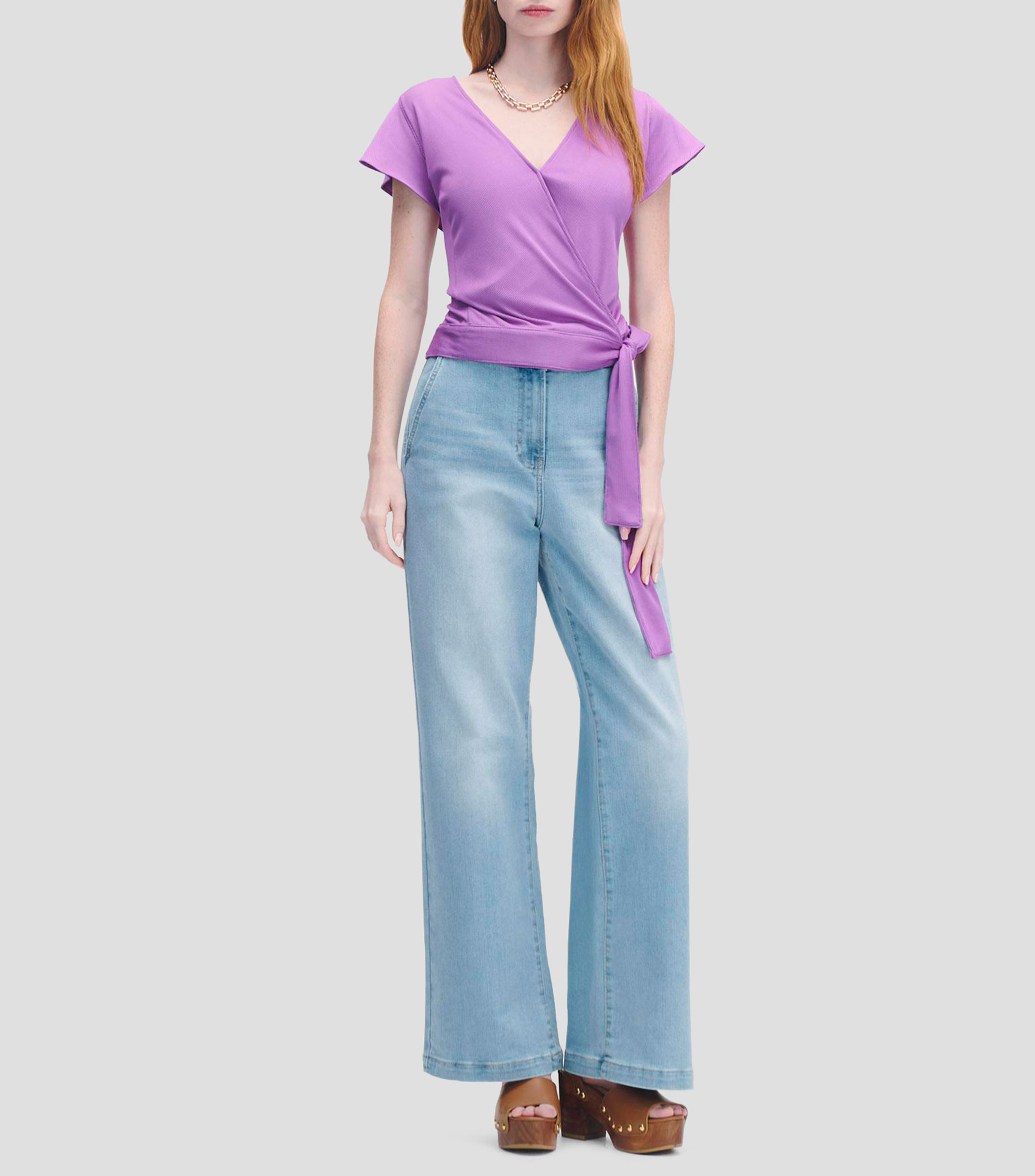 Blusa Envolvente Tejido Canalé Lavanda Amarre y Manga Escarola Mujer