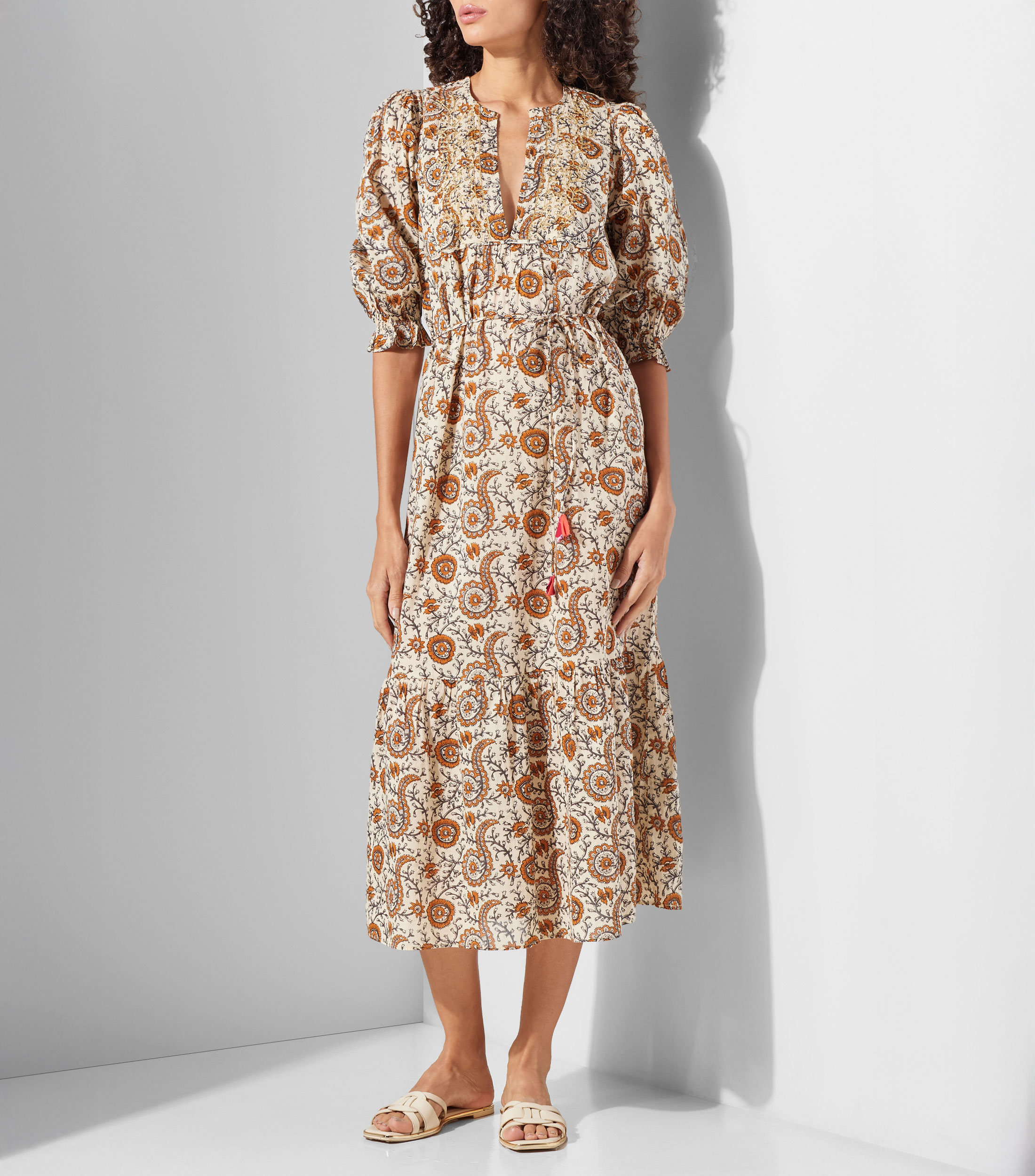 Vestido midi manga 3/4 estampado Mujer