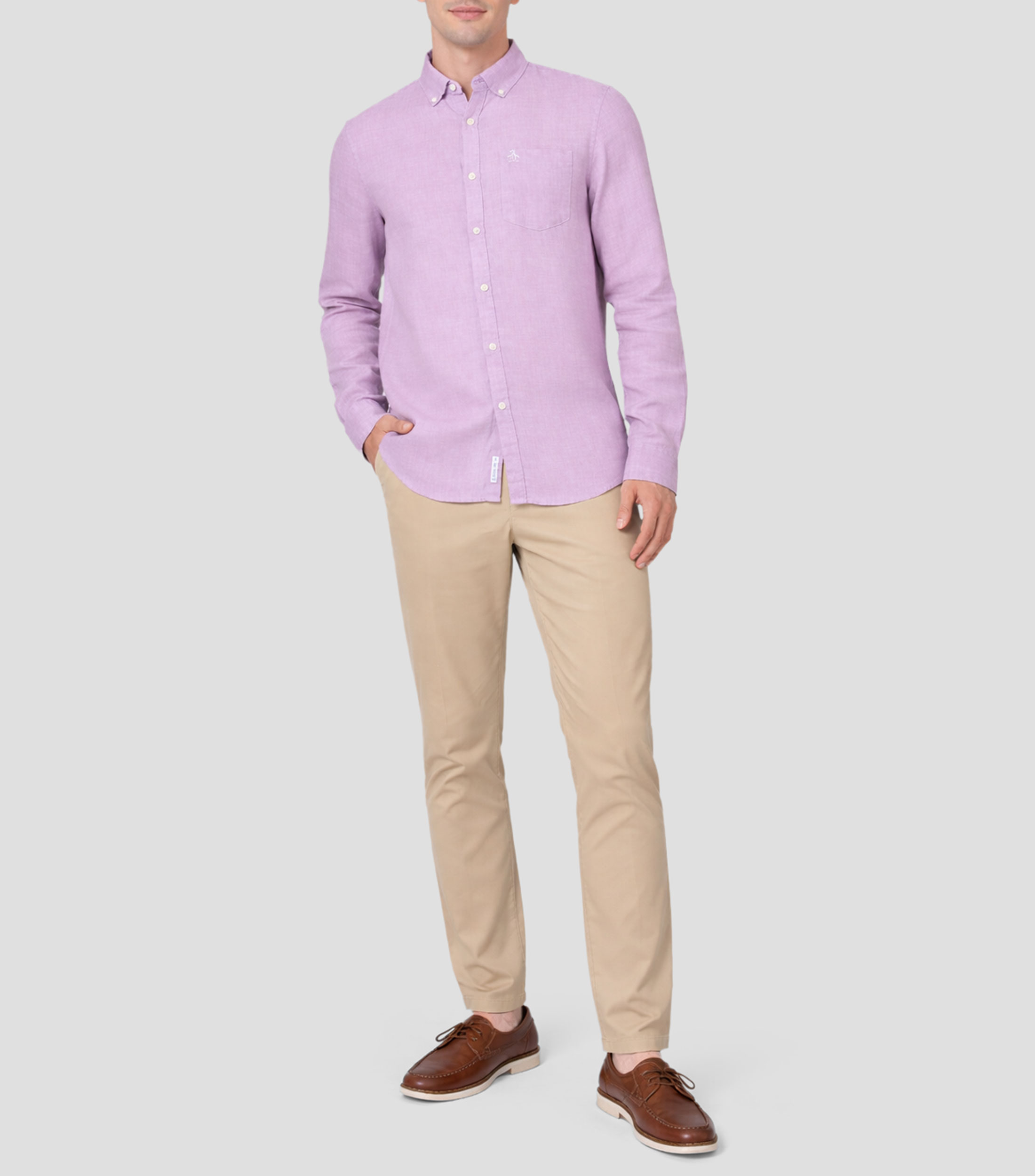 Camisa lisa en lino con manga larga Hombre