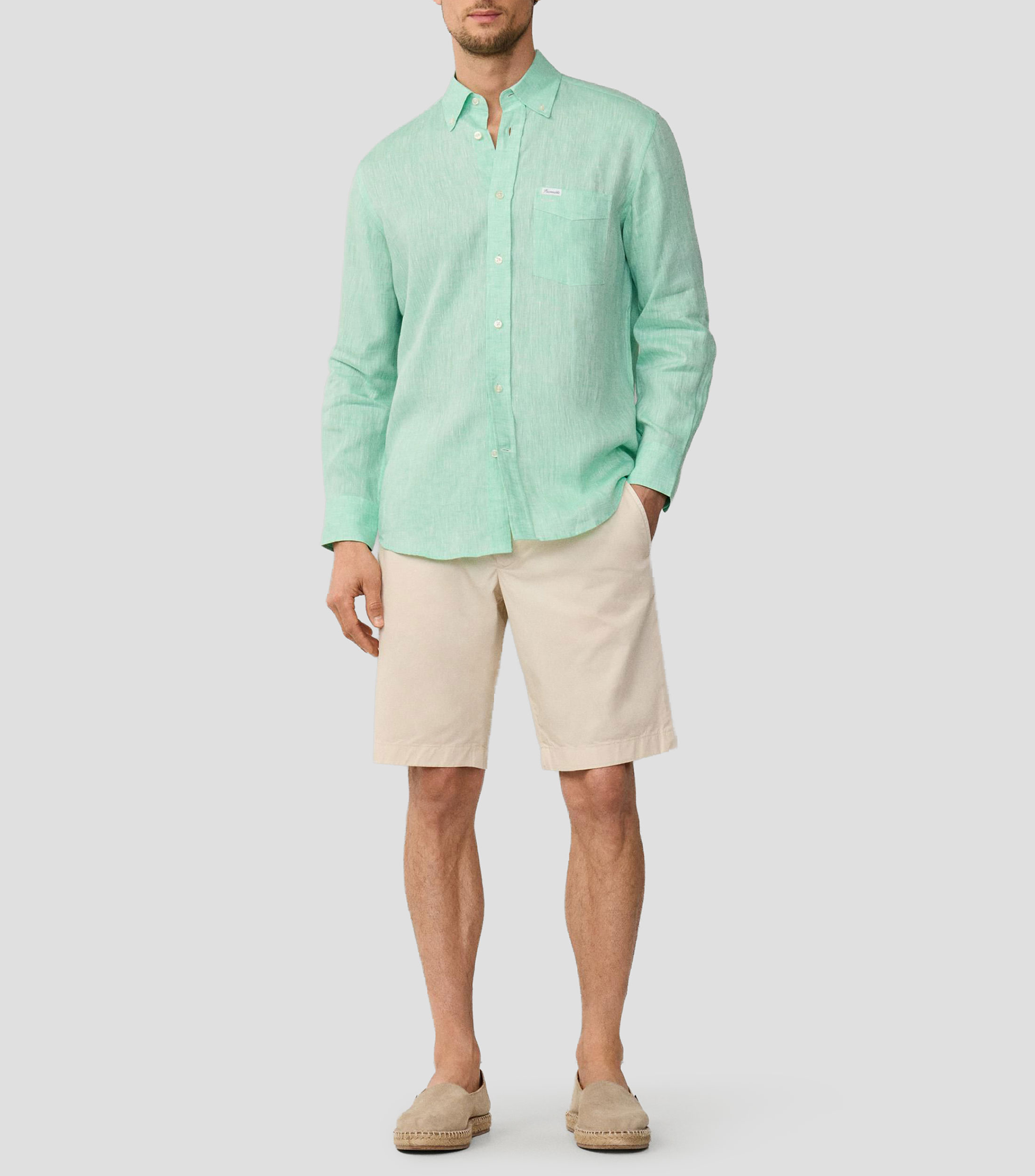 Camisa jaspeada de lino manga larga Hombre