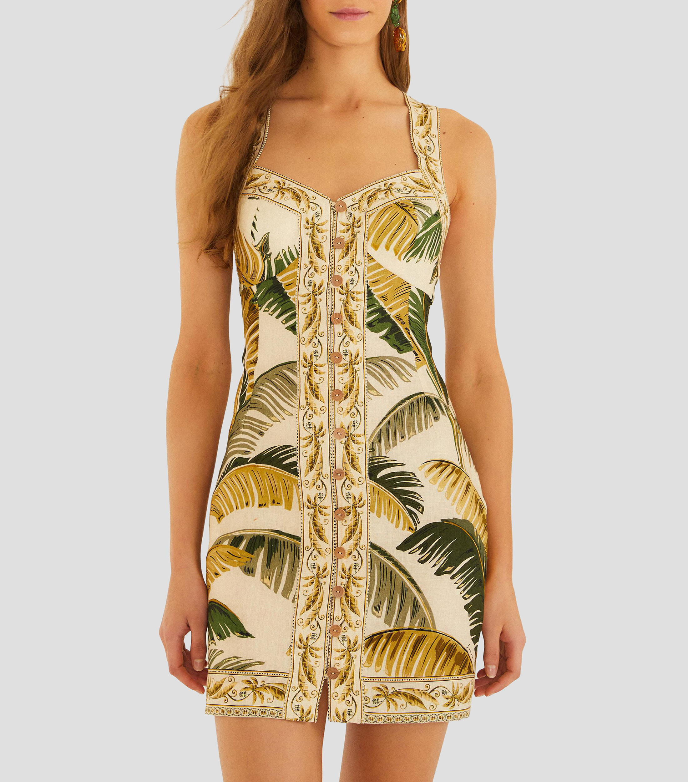 Vestido mini sin mangas con diseño fantasía de hojas Trancoso Sand Mujer