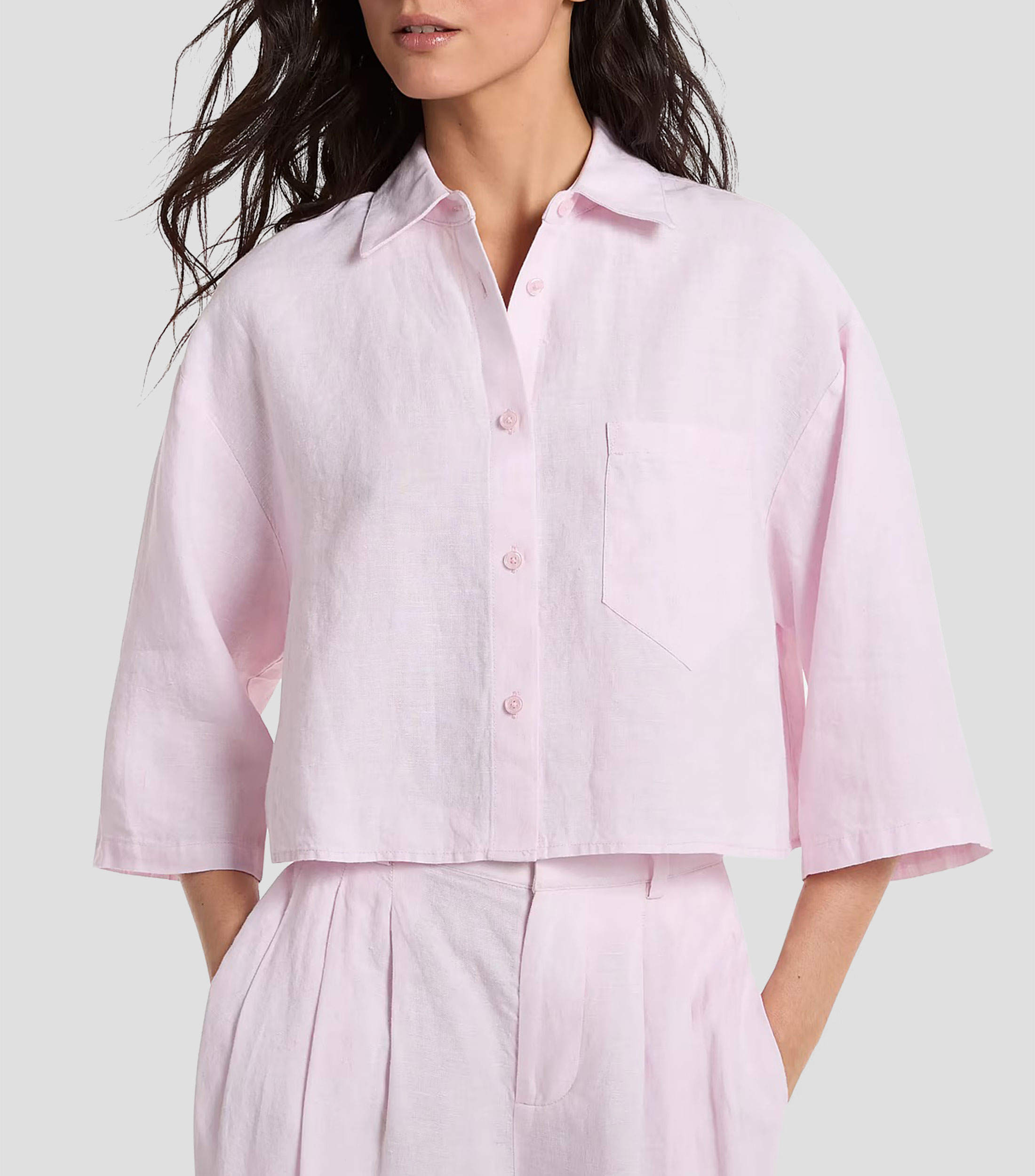 Camisa lisa de lino manga 3/4 Mujer