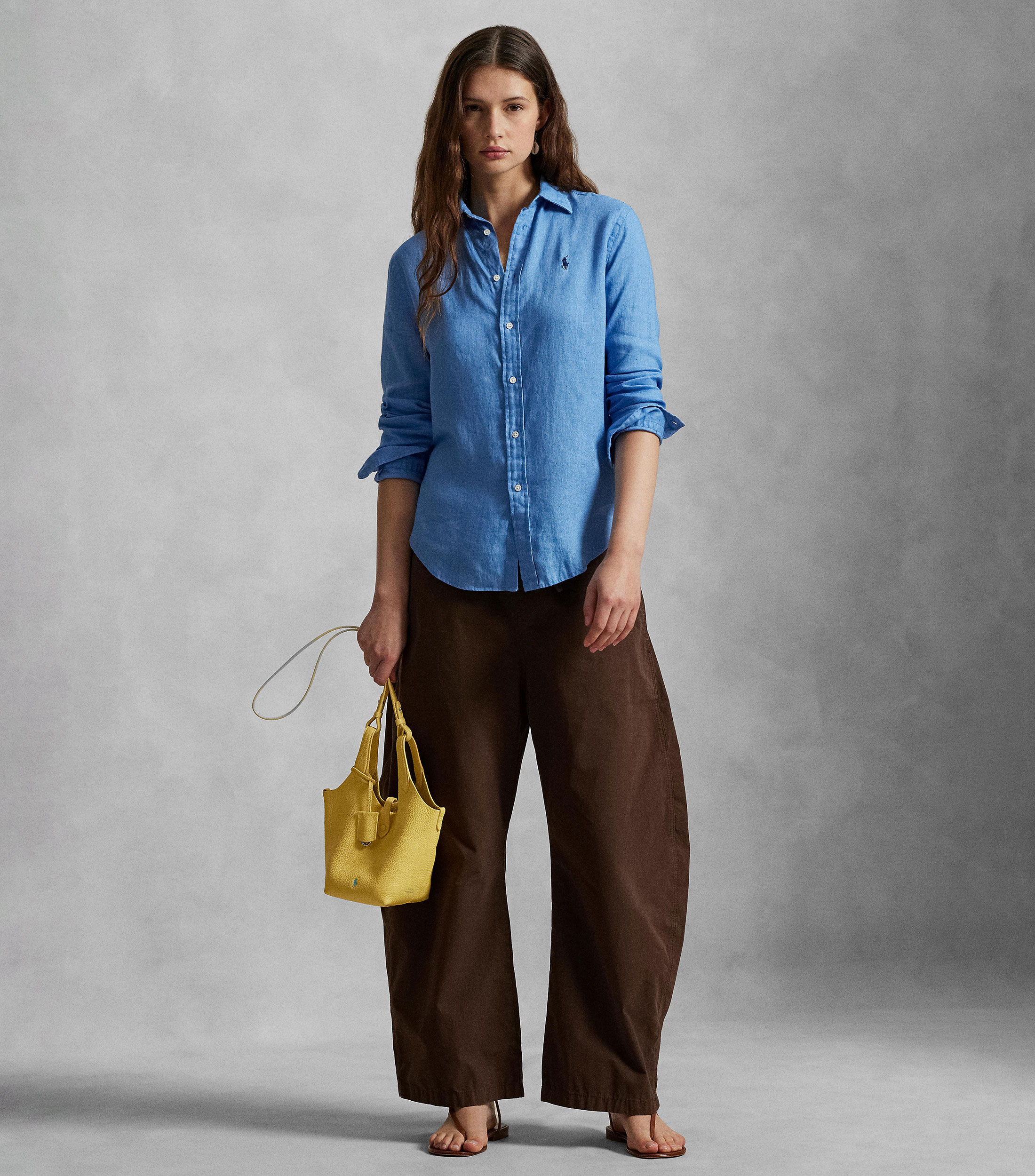 Camisa lisa de lino manga larga Mujer