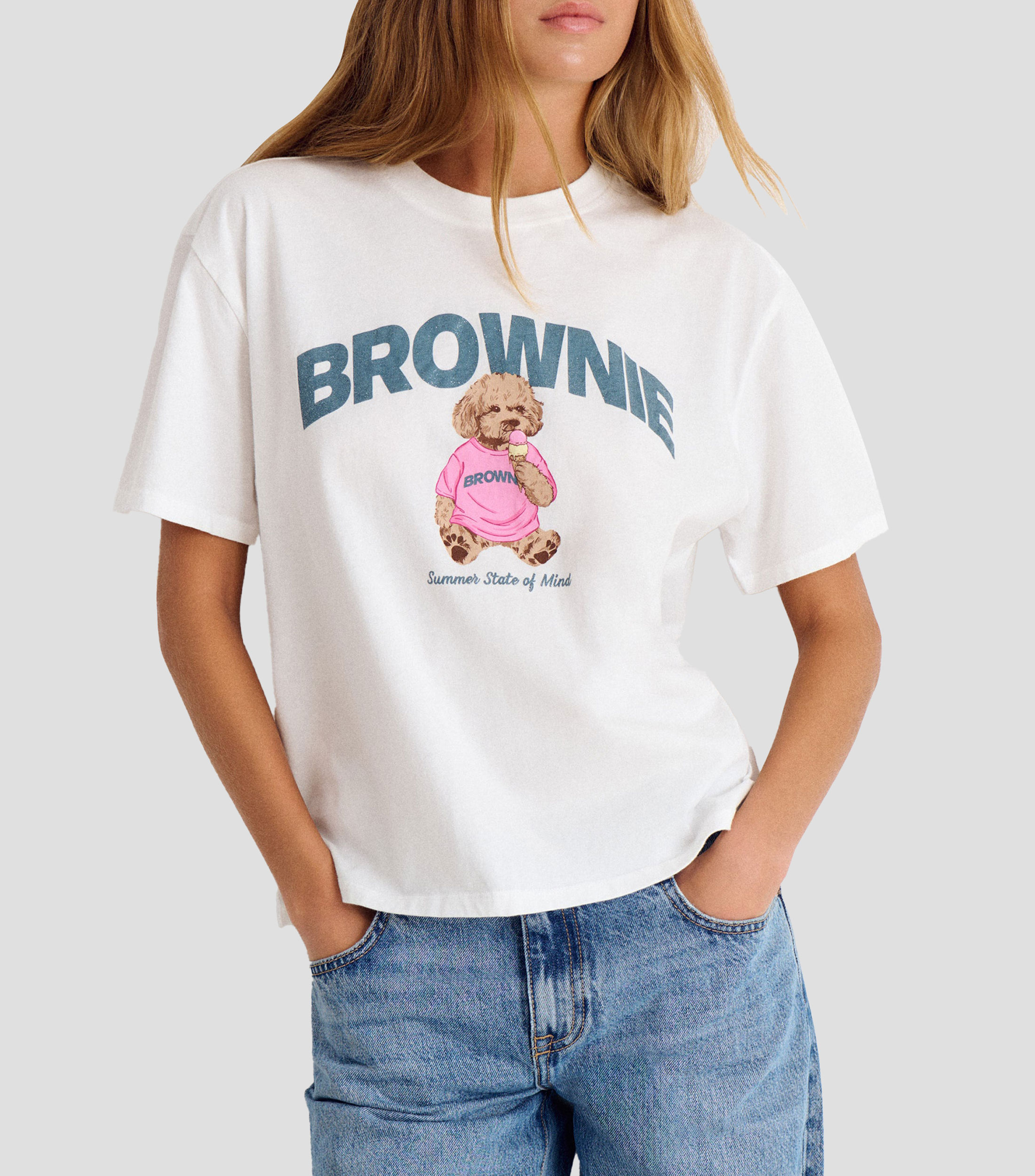 Playera cuello redondo manga corta con estampado Mujer