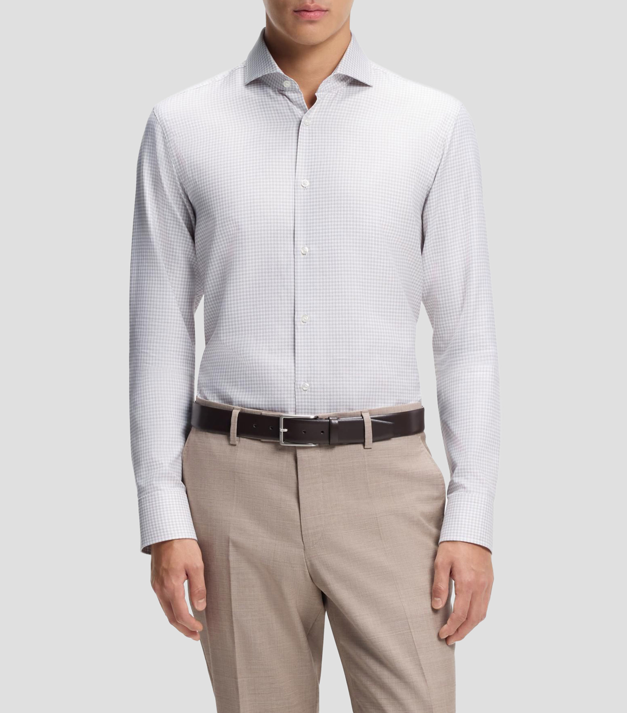 Camisa regular en sarga de algodón italiana a cuadros Hombre
