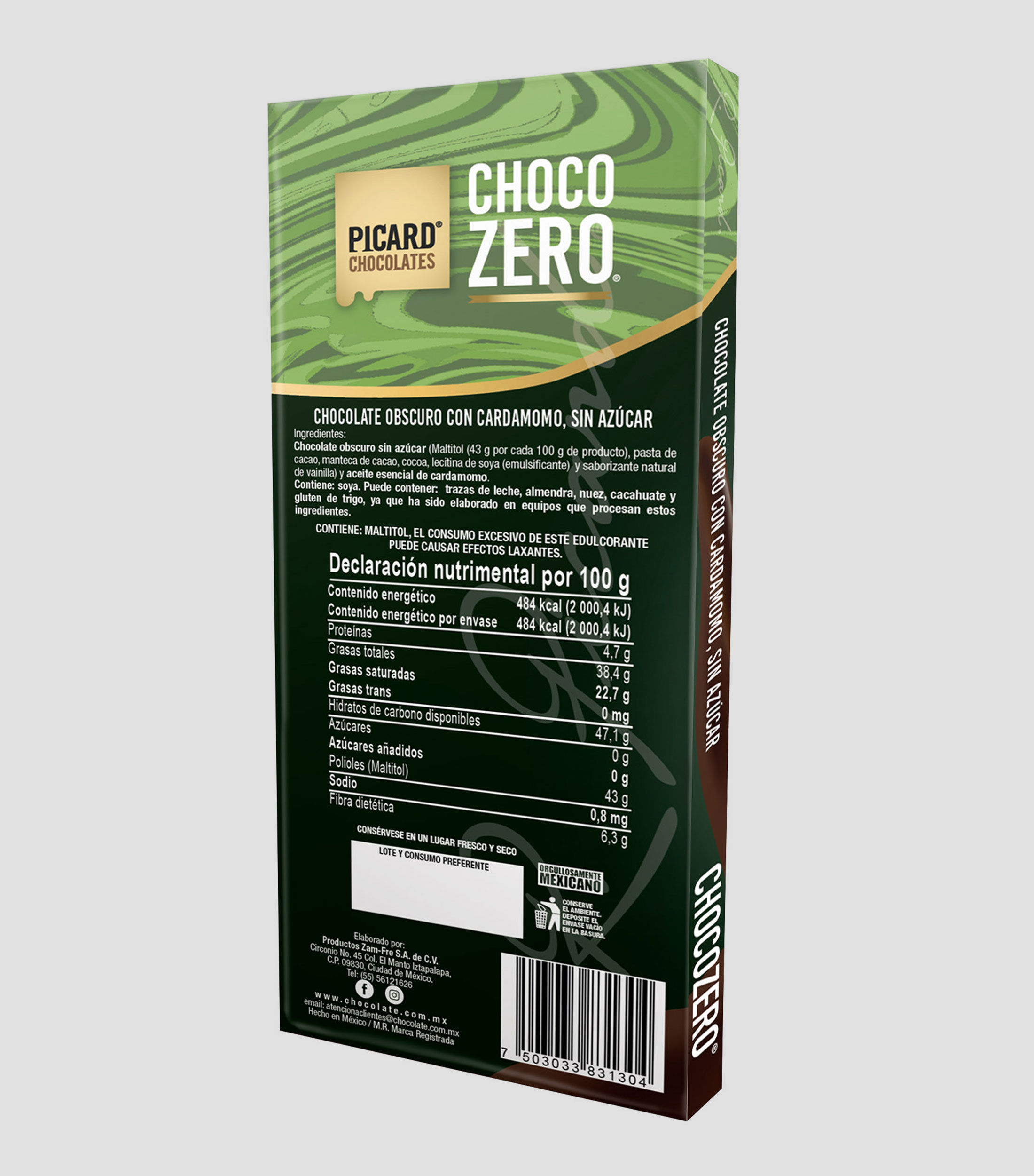 Barra De Chocolate Obscuro con cardamomo sin azúcar, 100 g
