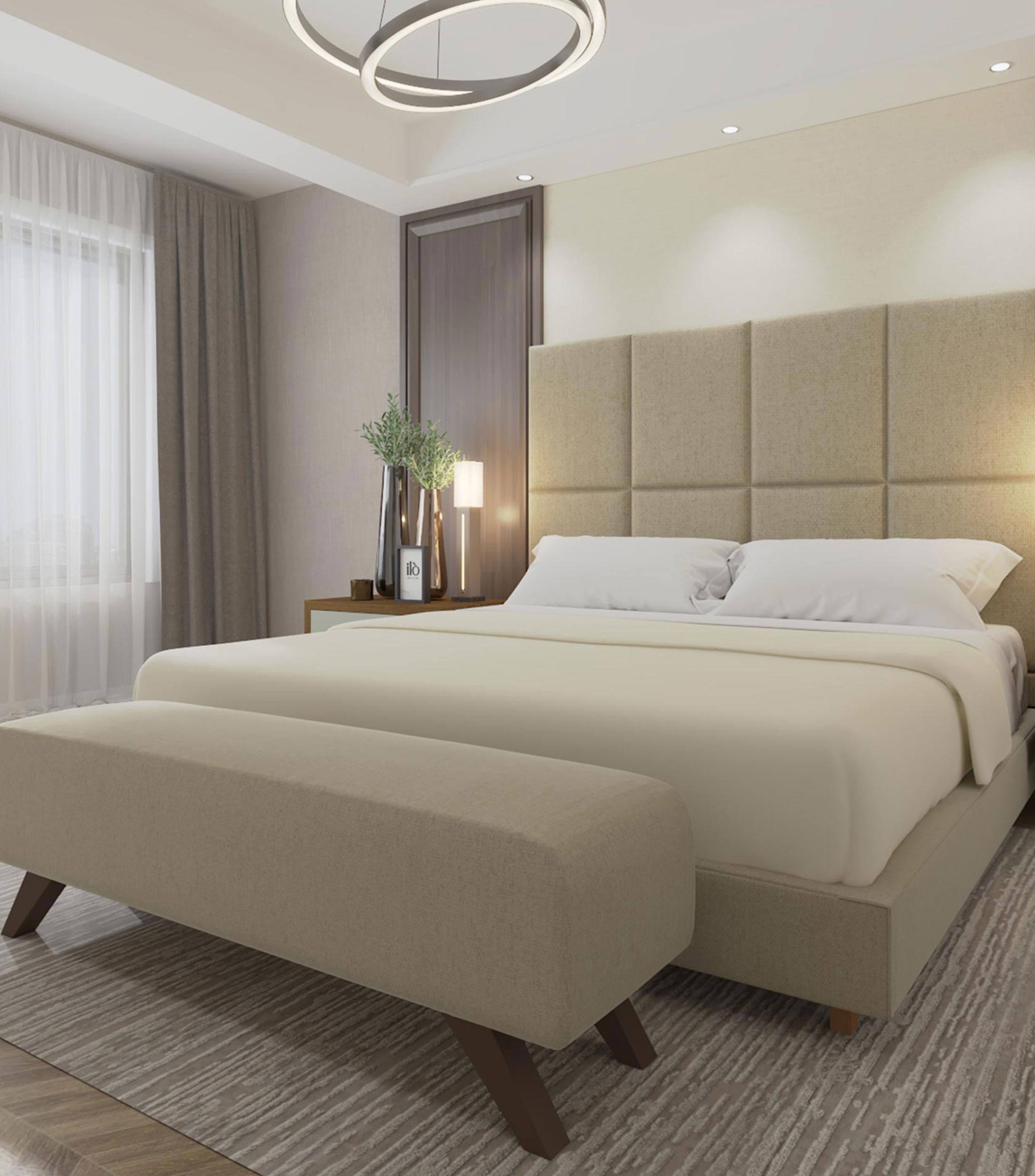 Cama King Size Textured Linen perla en madera