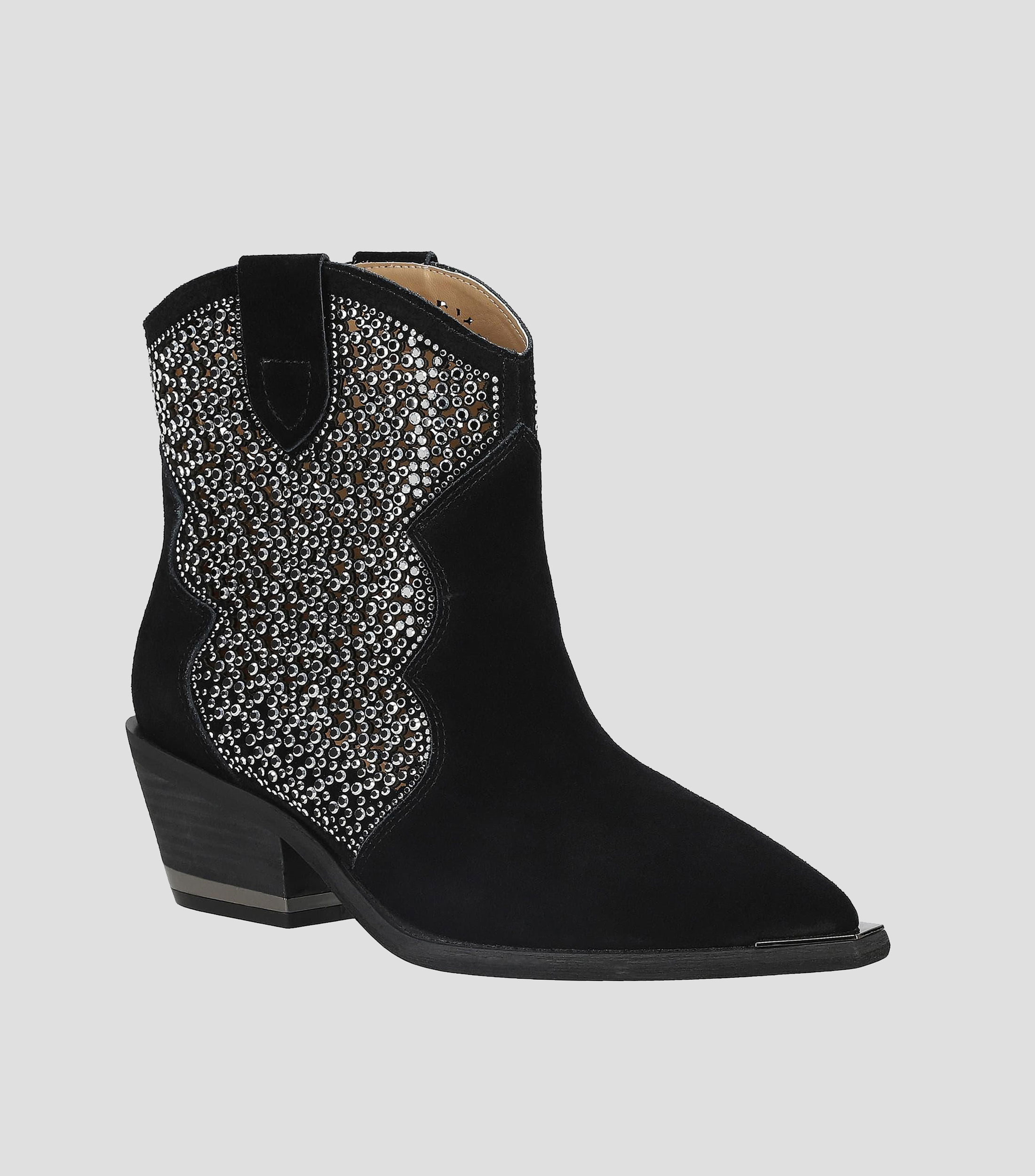 Botines vaqueros de gamuza con tacon medio ancho y pedreria Mujer