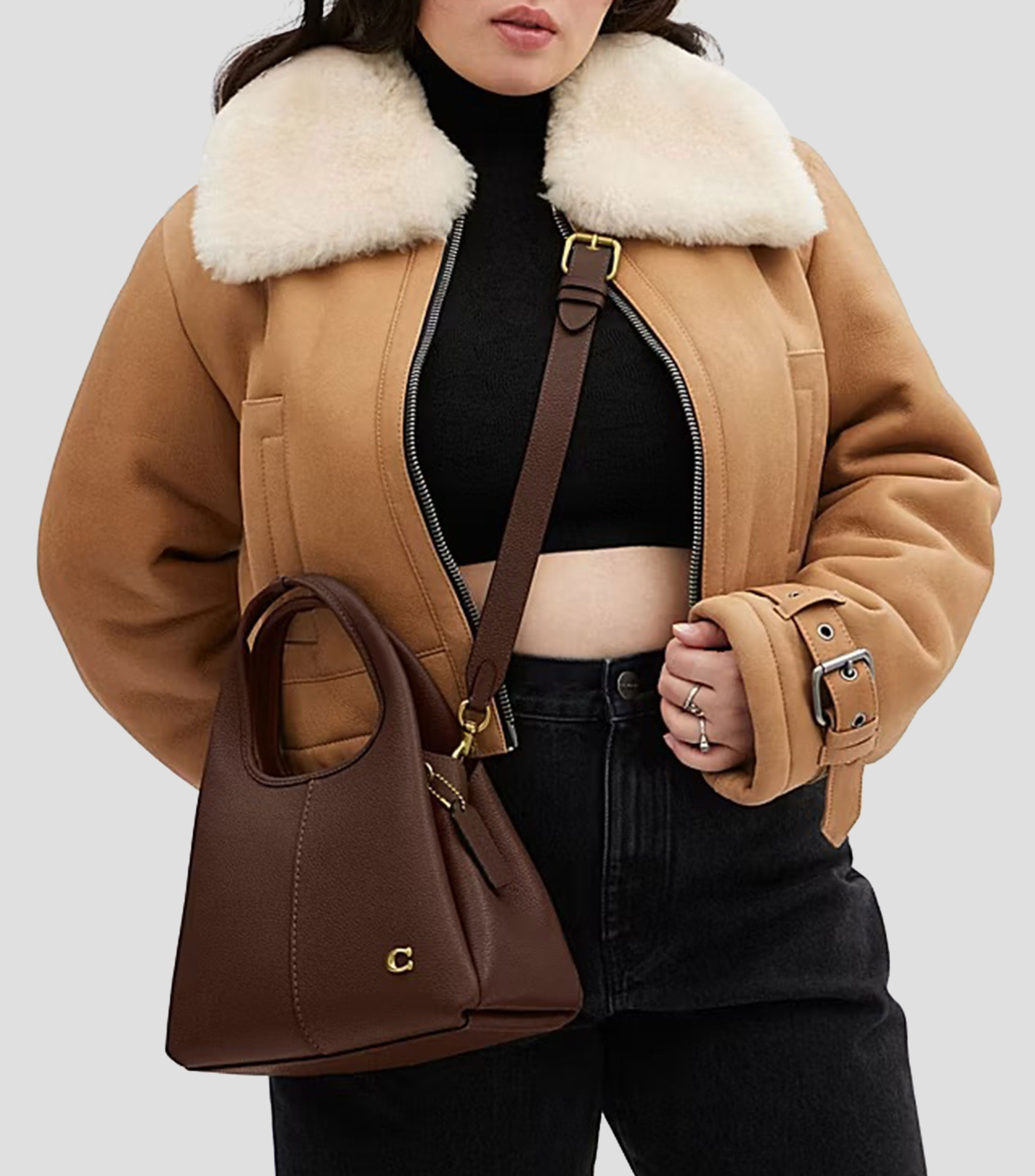 Bolsa Shoulder café en piel Lana granulada Mujer