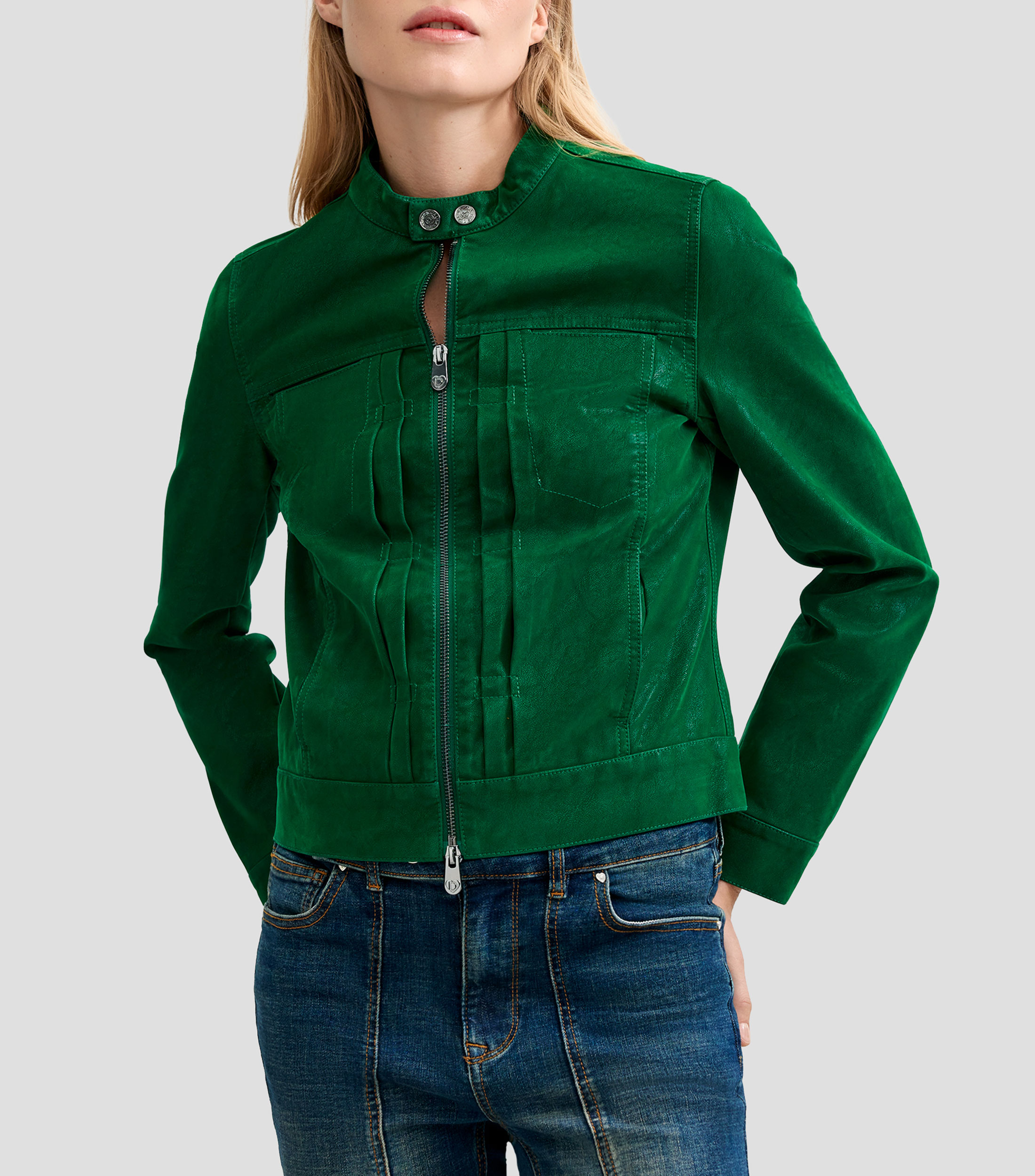 Chamarra de piel con cuello redondo Mujer