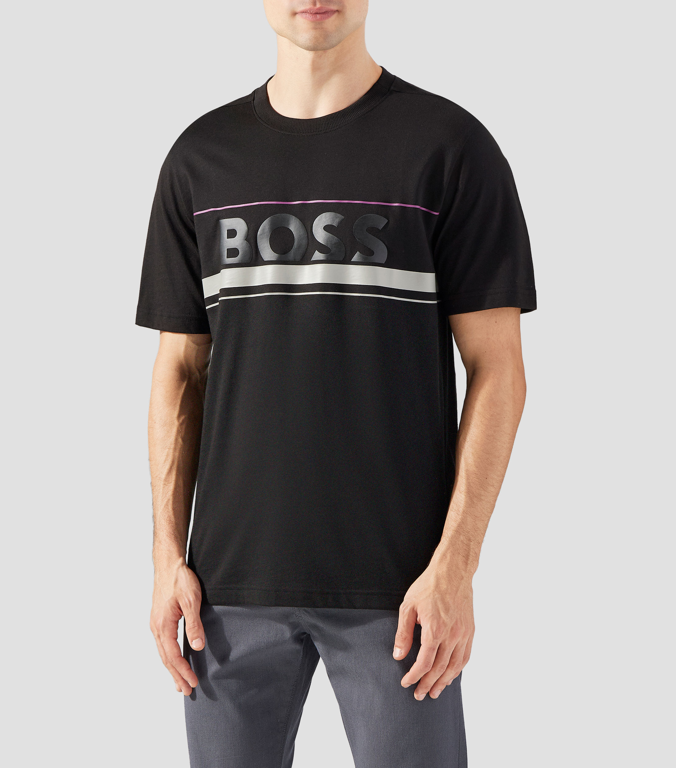 Playera en punto de algodón con rayas y logo Hombre