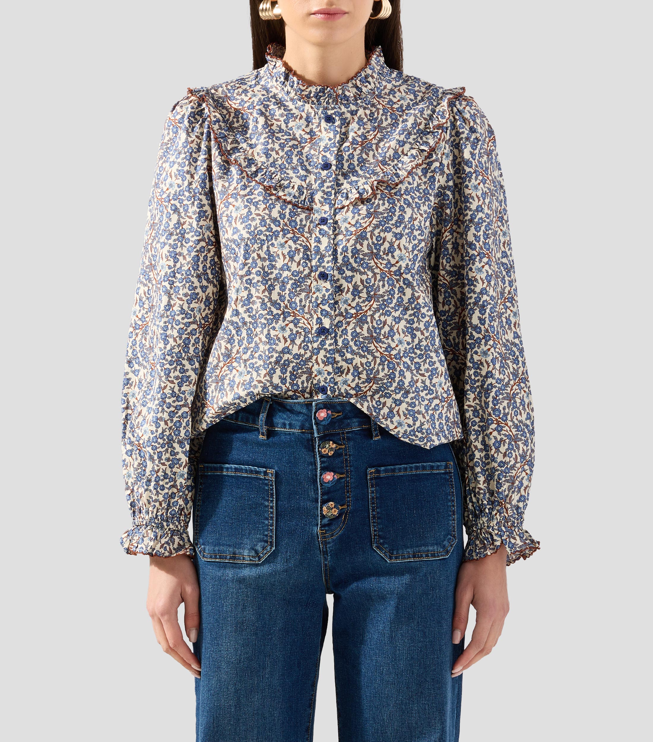 Camisa estampada cuello mao manga larga Mujer