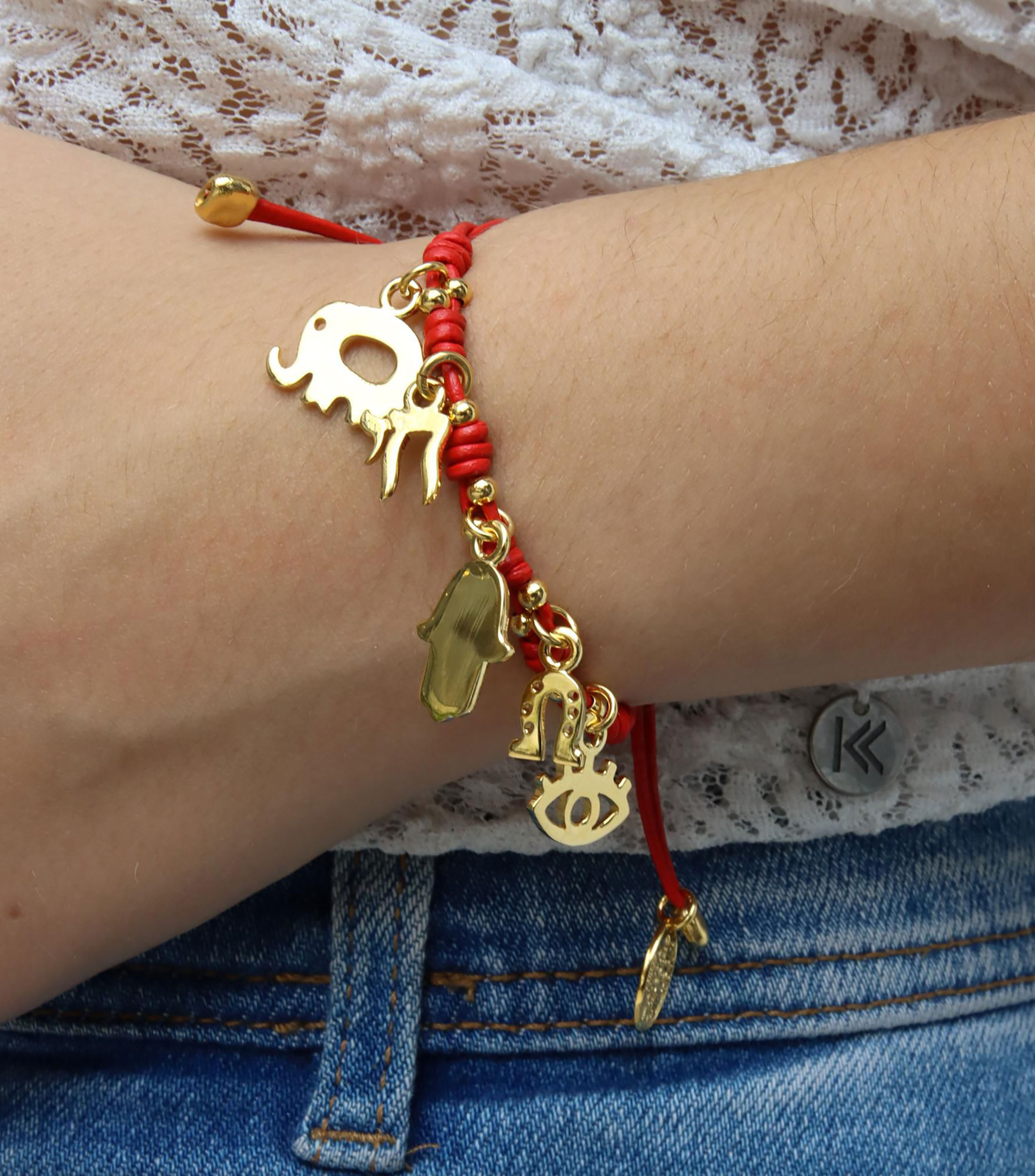 Pulsera de piel con dijes de la suerte Mujer