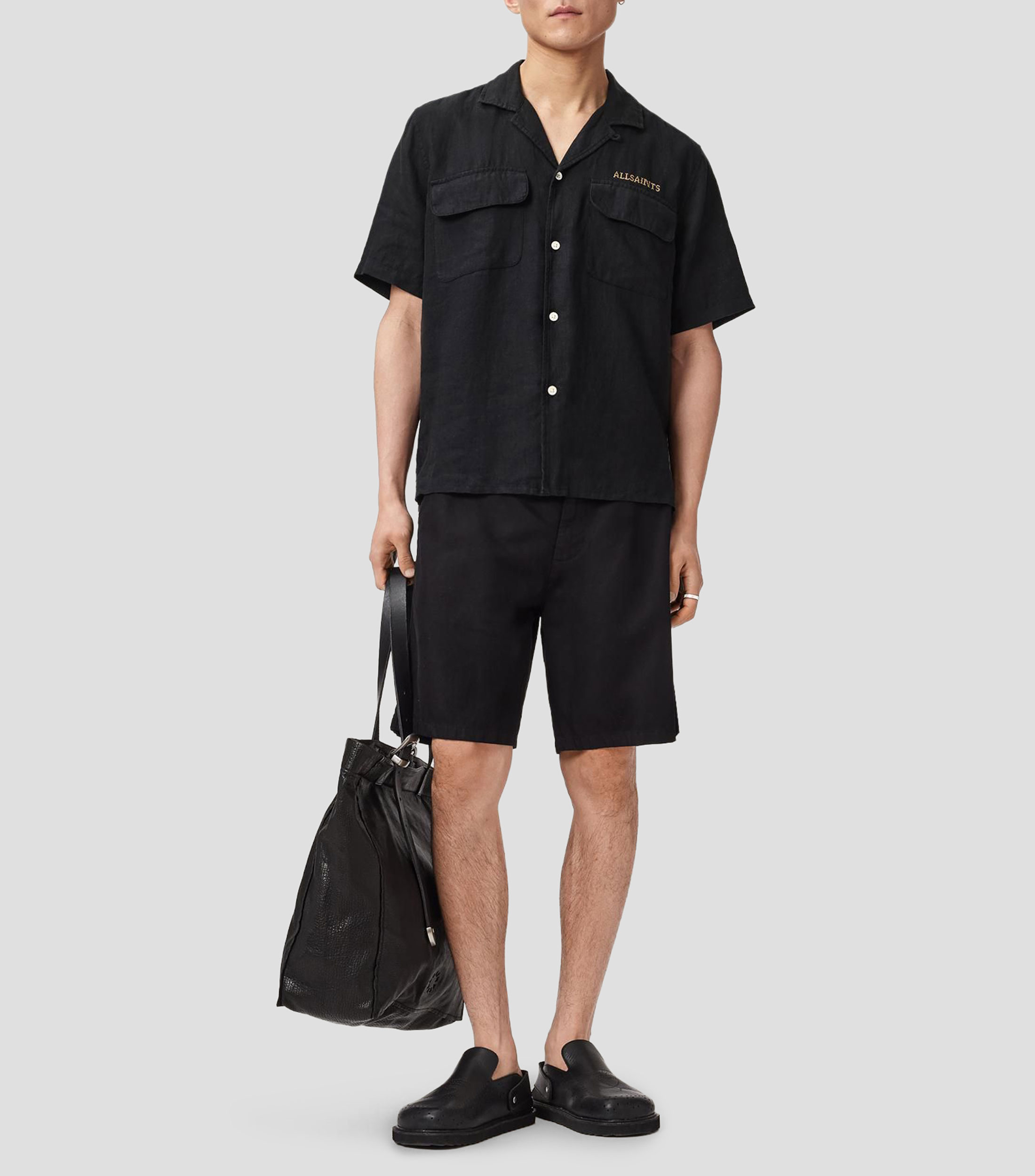 Camisa lisa de lino con manga corta Hombre