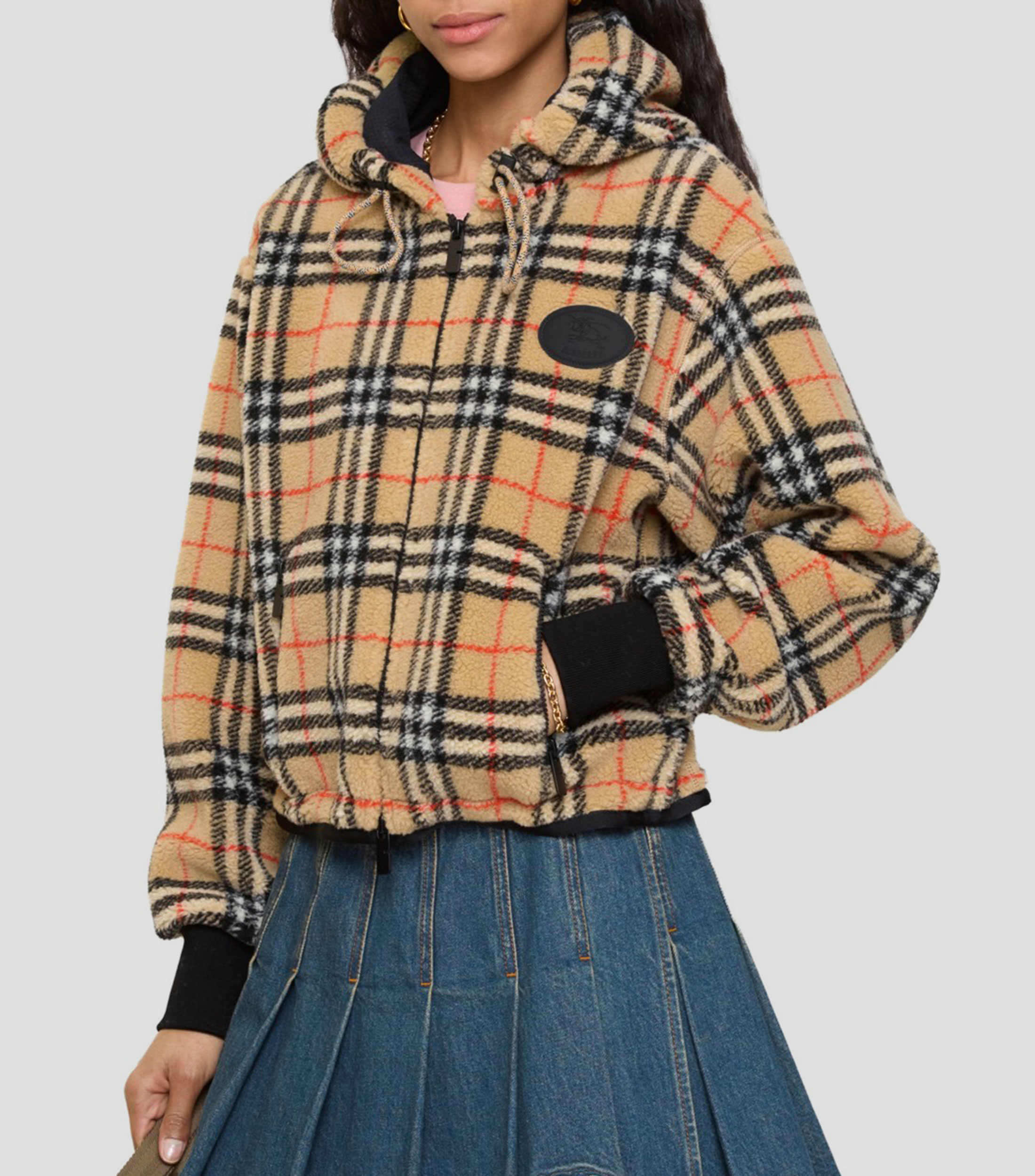 Chamarra con Capucha Cropped Check Mujer