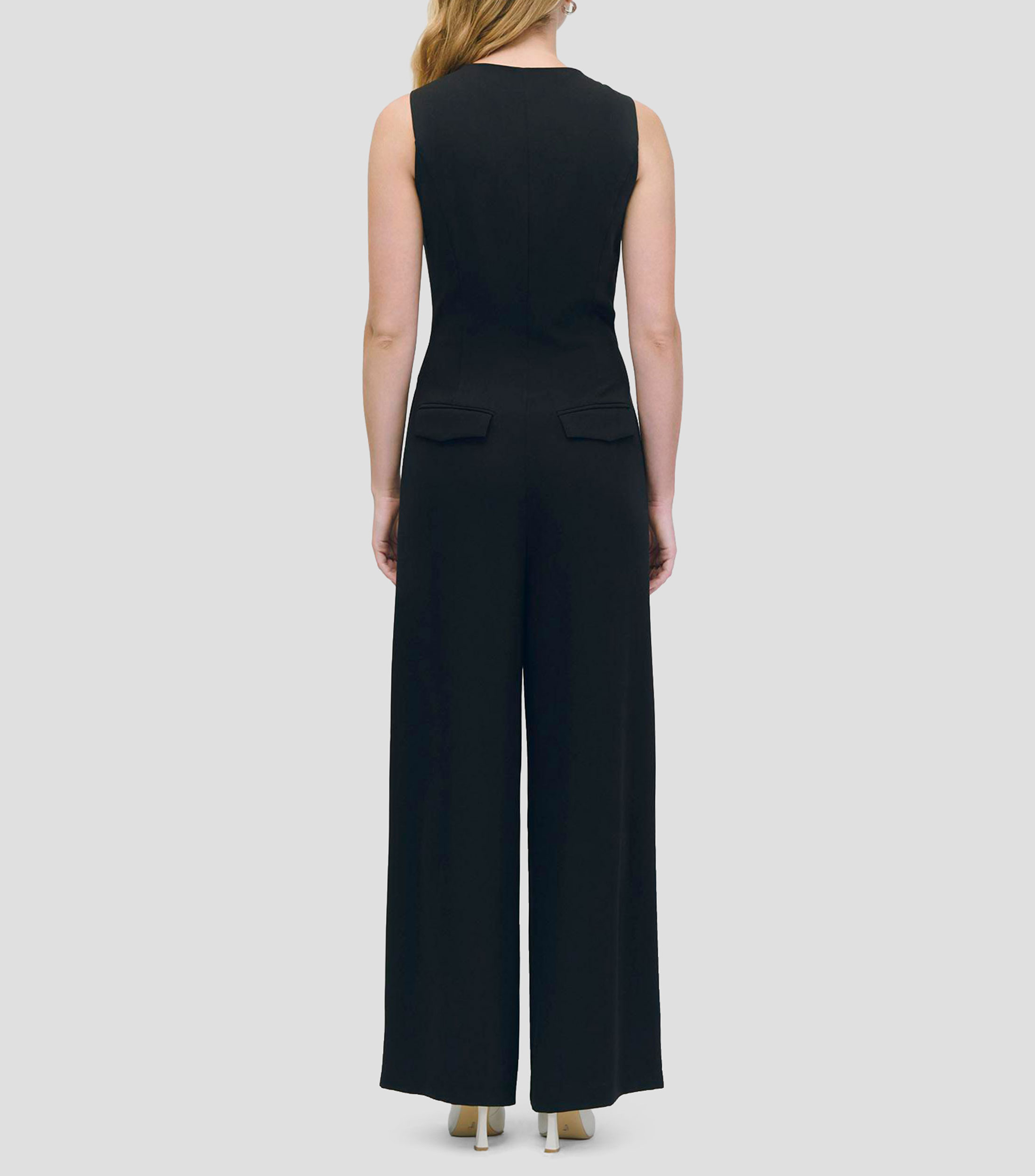 Jumpsuit Palazzo Negro Chaleco Simulado Escote Redondo Mujer
