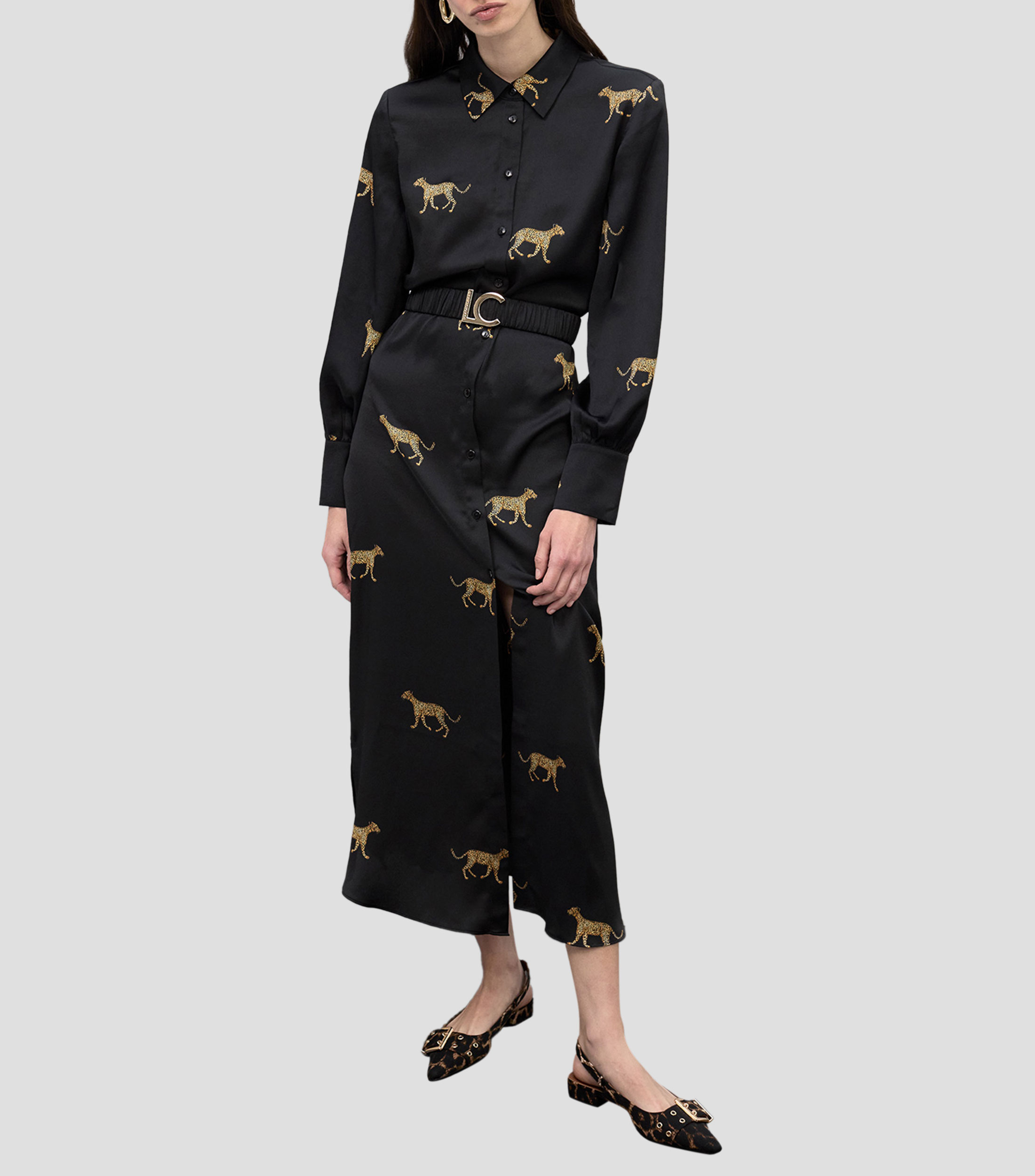 Vestido camisero largo con manga larga estampado Mujer