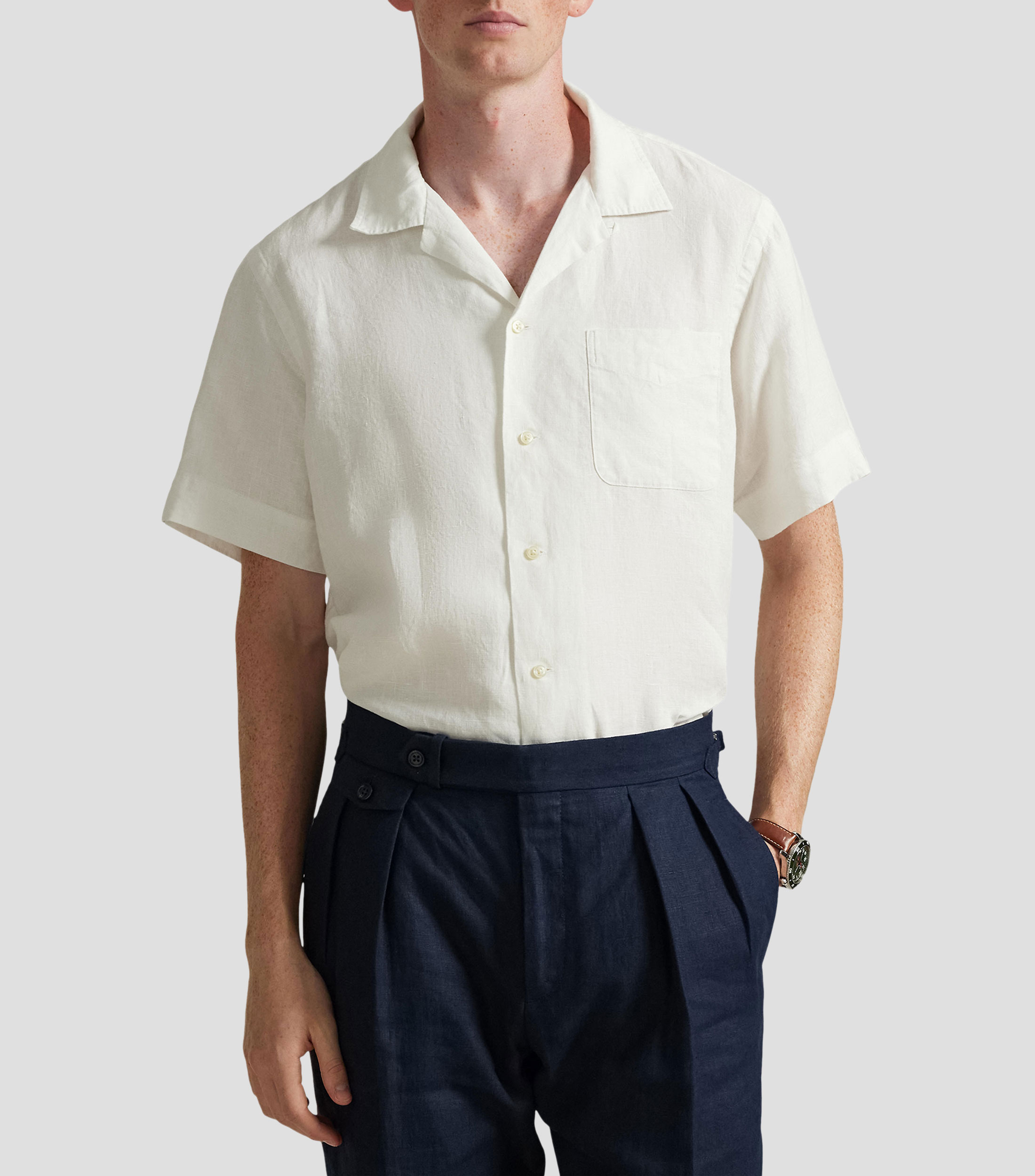Camisa de lino lisa manga corta Hombre
