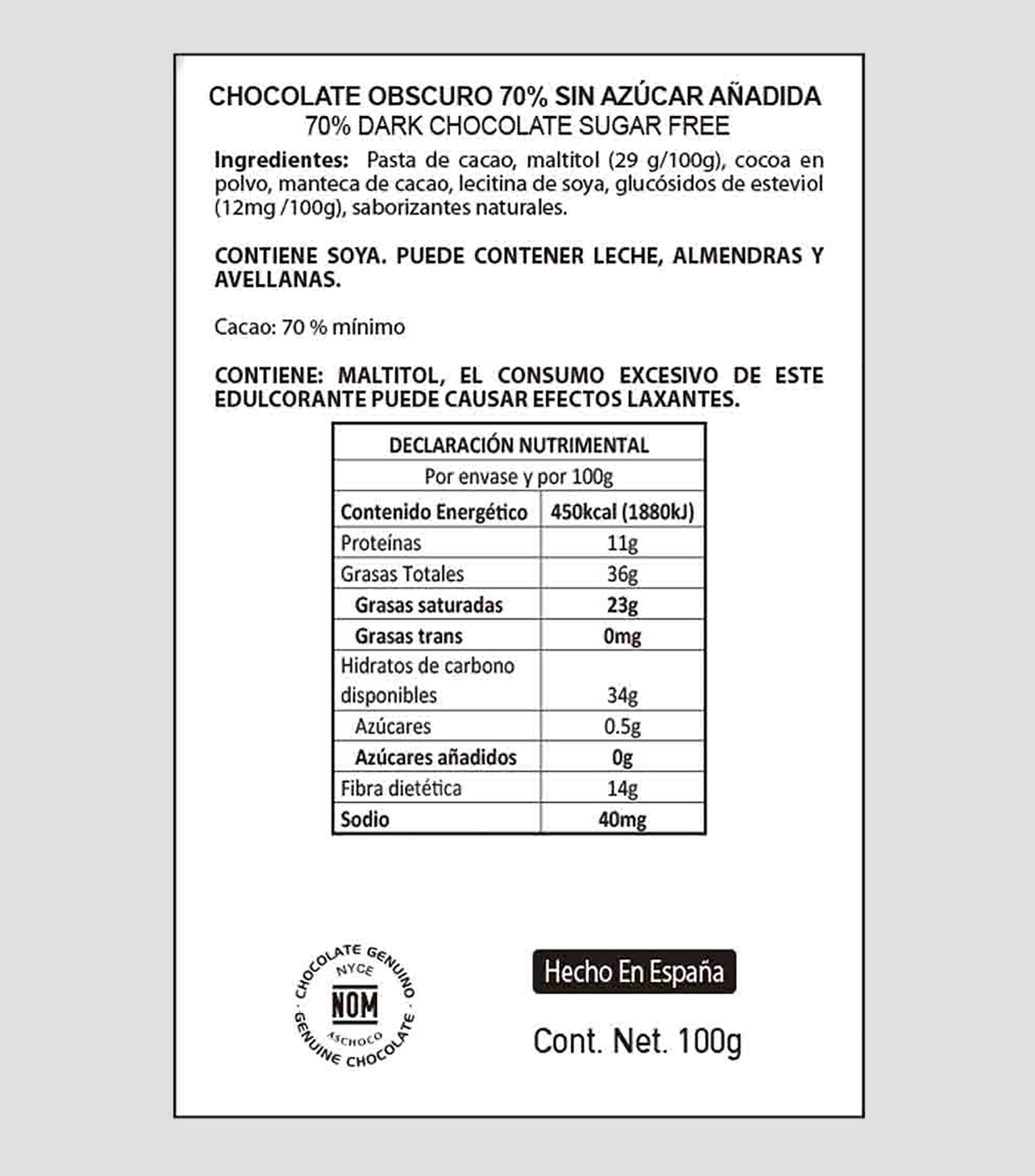 Chocolate Amargo 70 Amargo Puro sin Azucar, 100 g
