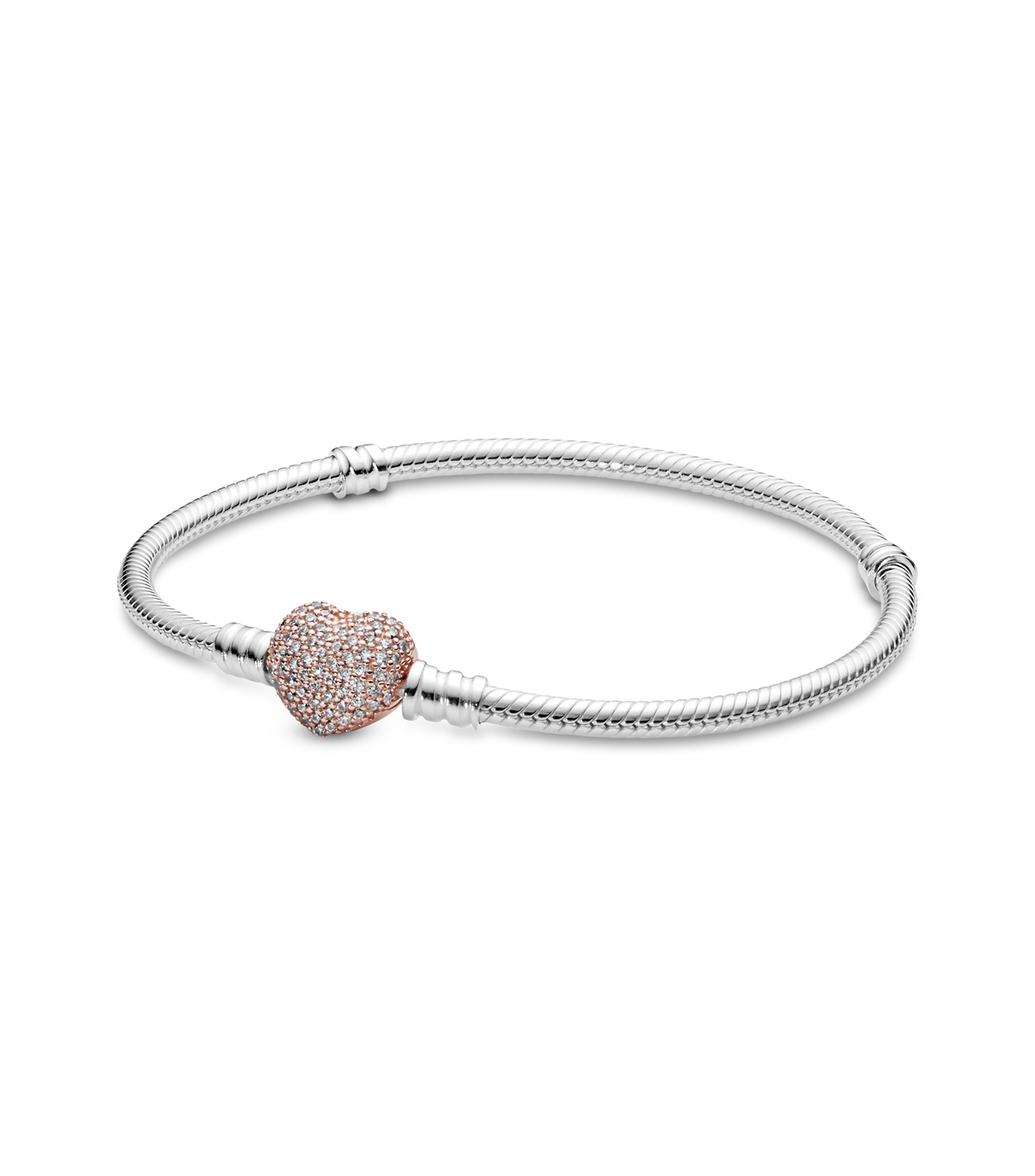 Brazalete en plata Pavé Heart Clasp Snake Chain Mujer Talla 21 cm