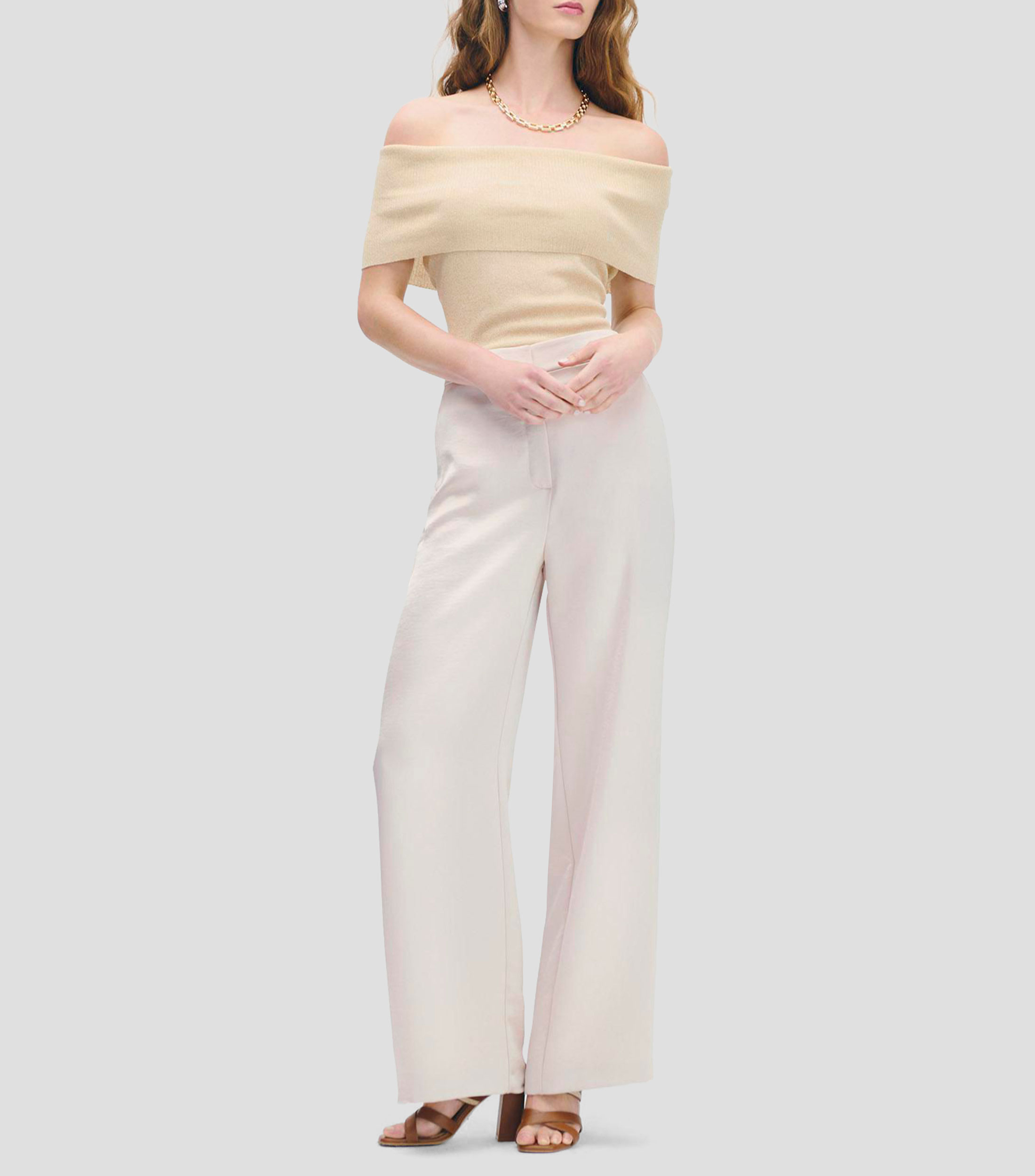 Pantalón wideleg tiro alto satín corrugado champagne Mujer