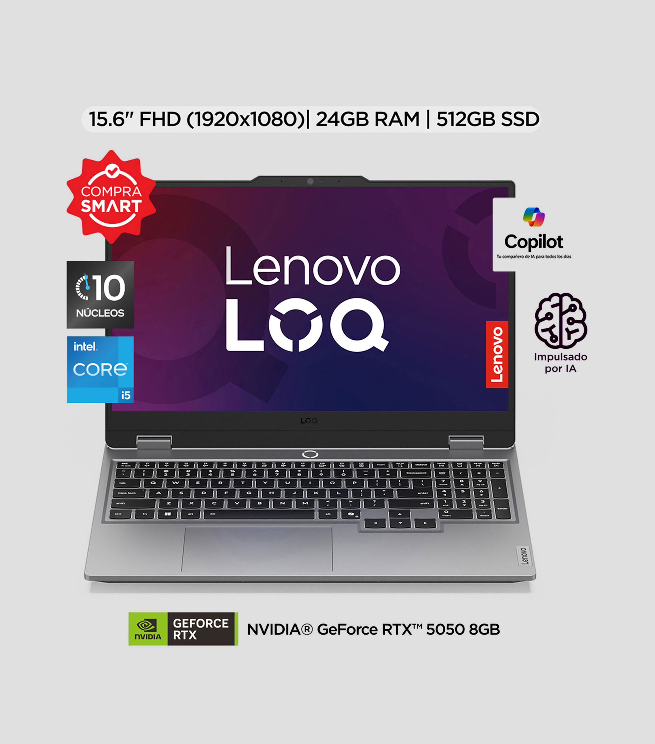Laptop Lenovo LOQ 15.6" NVIDIA GeForce RTX 5050, Intel Core i5, 24 GB RAM, 512 GB SSD
