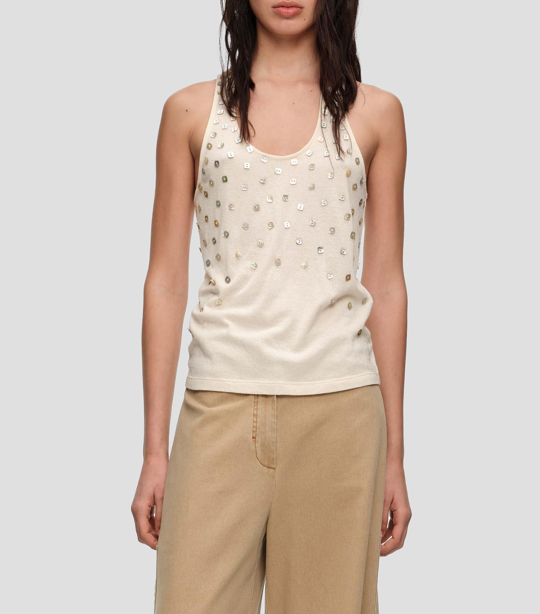 Playera cuello redondo sin mangas lisa Mujer