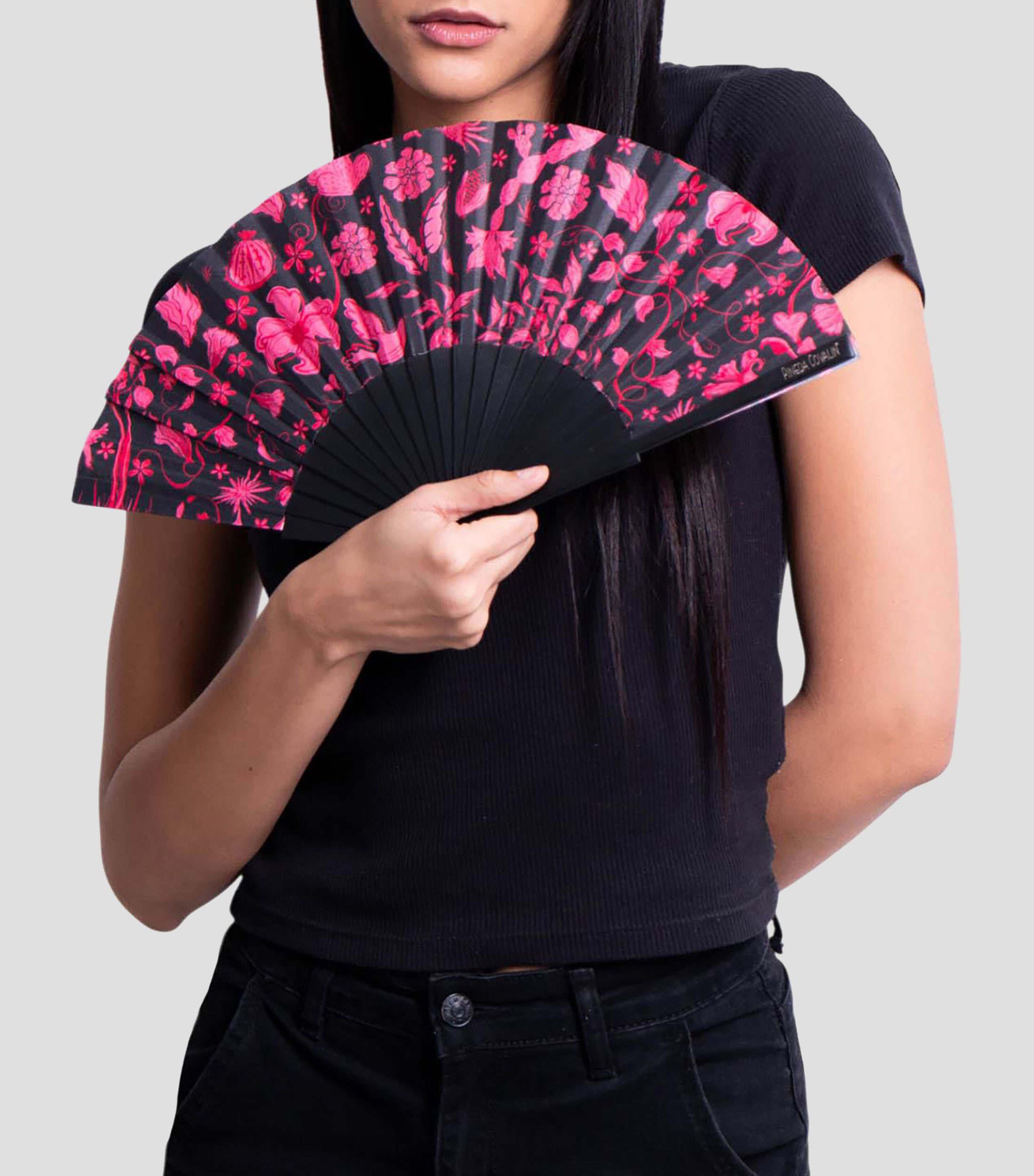 Abanico negro con rosa Tesoros de la Tierra Mujer