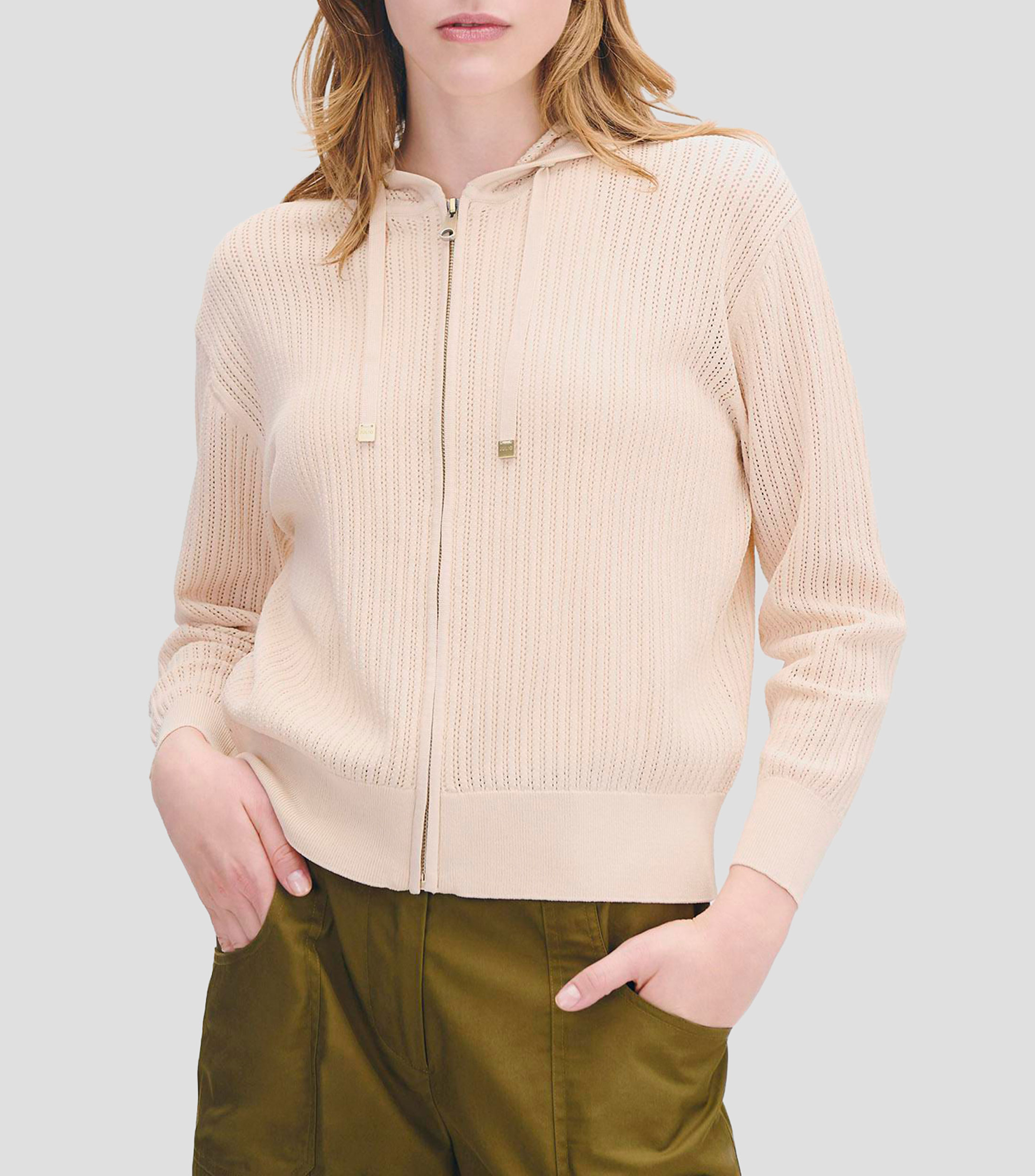 Suéter tejido de punto calado tipo sudadera arena Mujer
