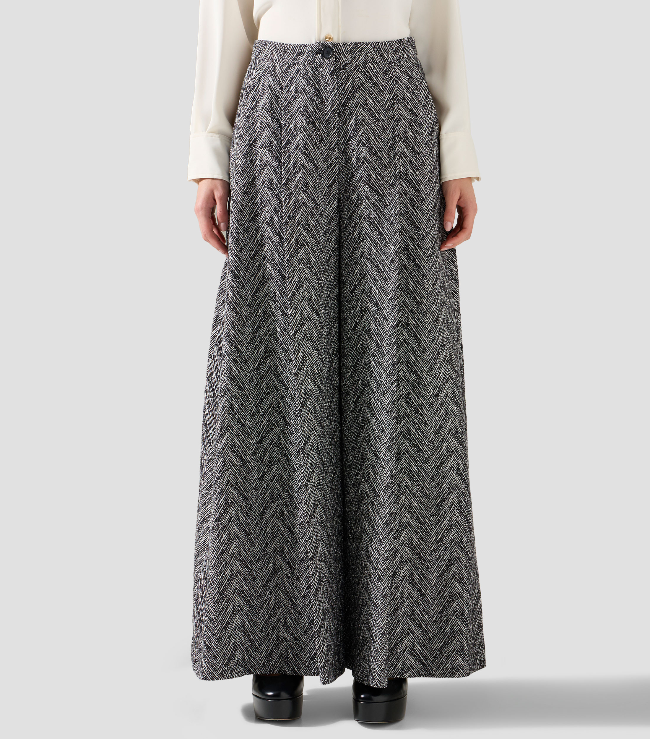 Pantalones regular fit de pernera ancha en tweed de espiga Mujer
