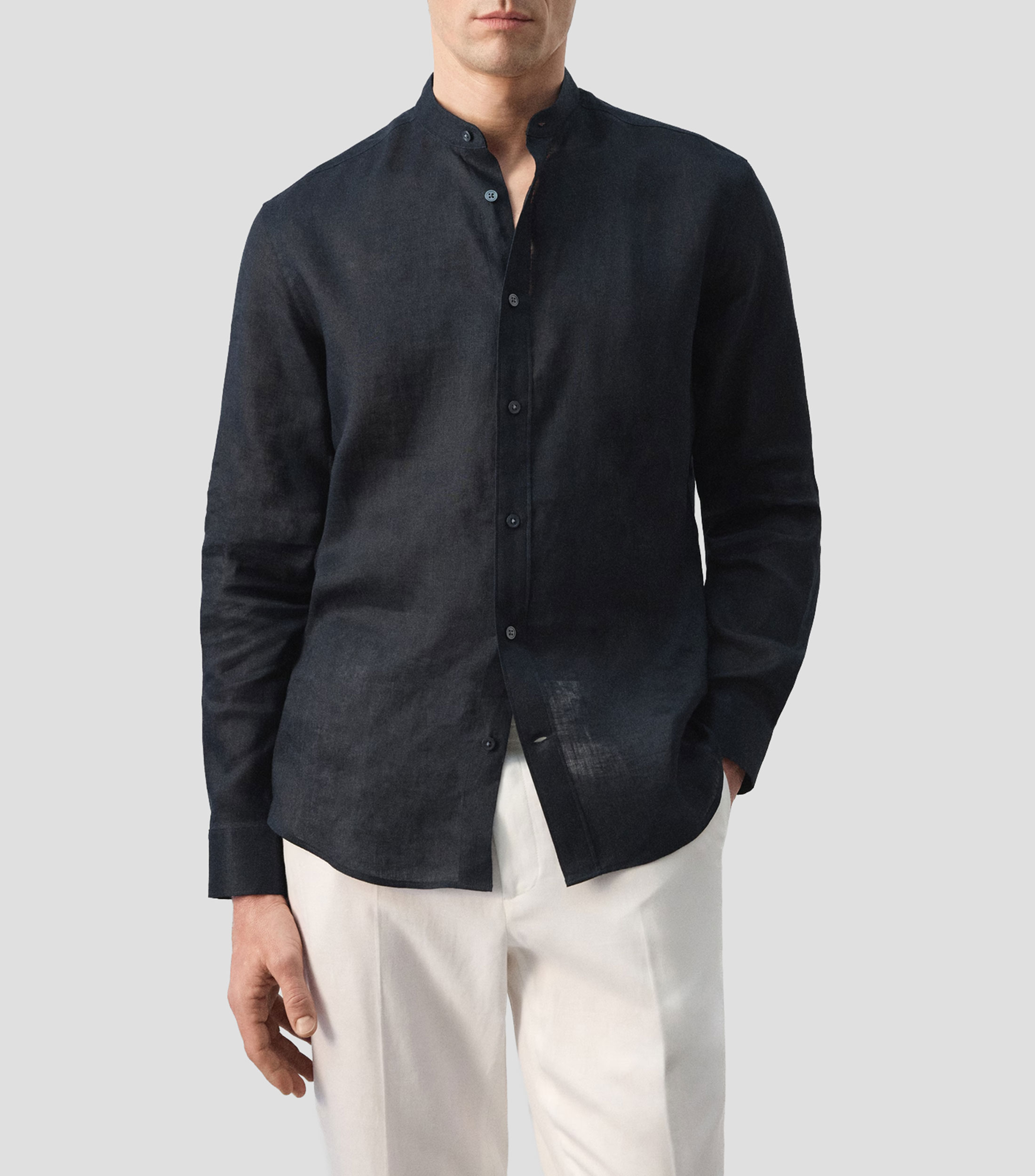 Camisa lisa cuello mao manga larga Hombre