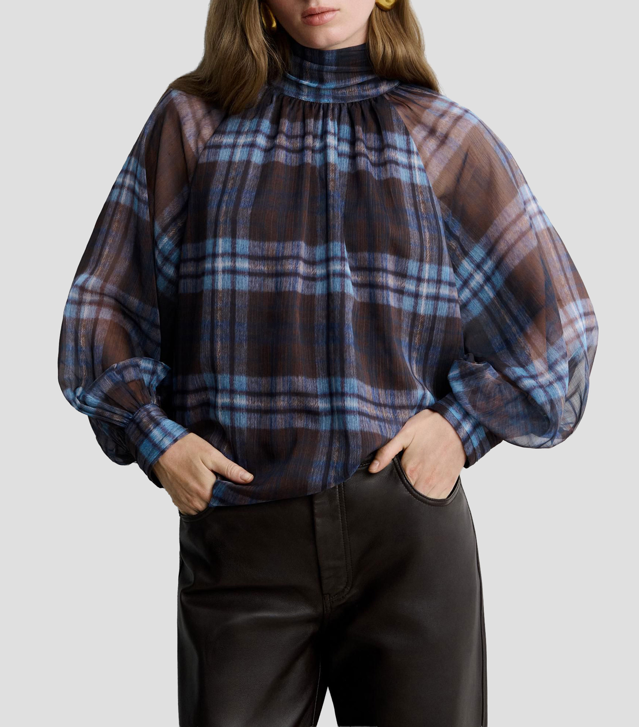 Blusa a cuadros manga larga Mujer