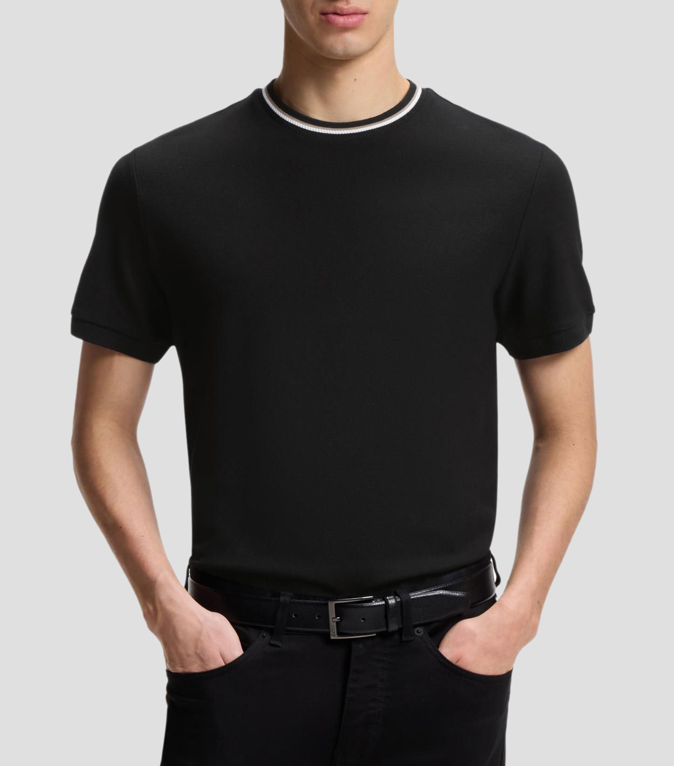 Playera de piqué de algodón con cuello de rayas Hombre