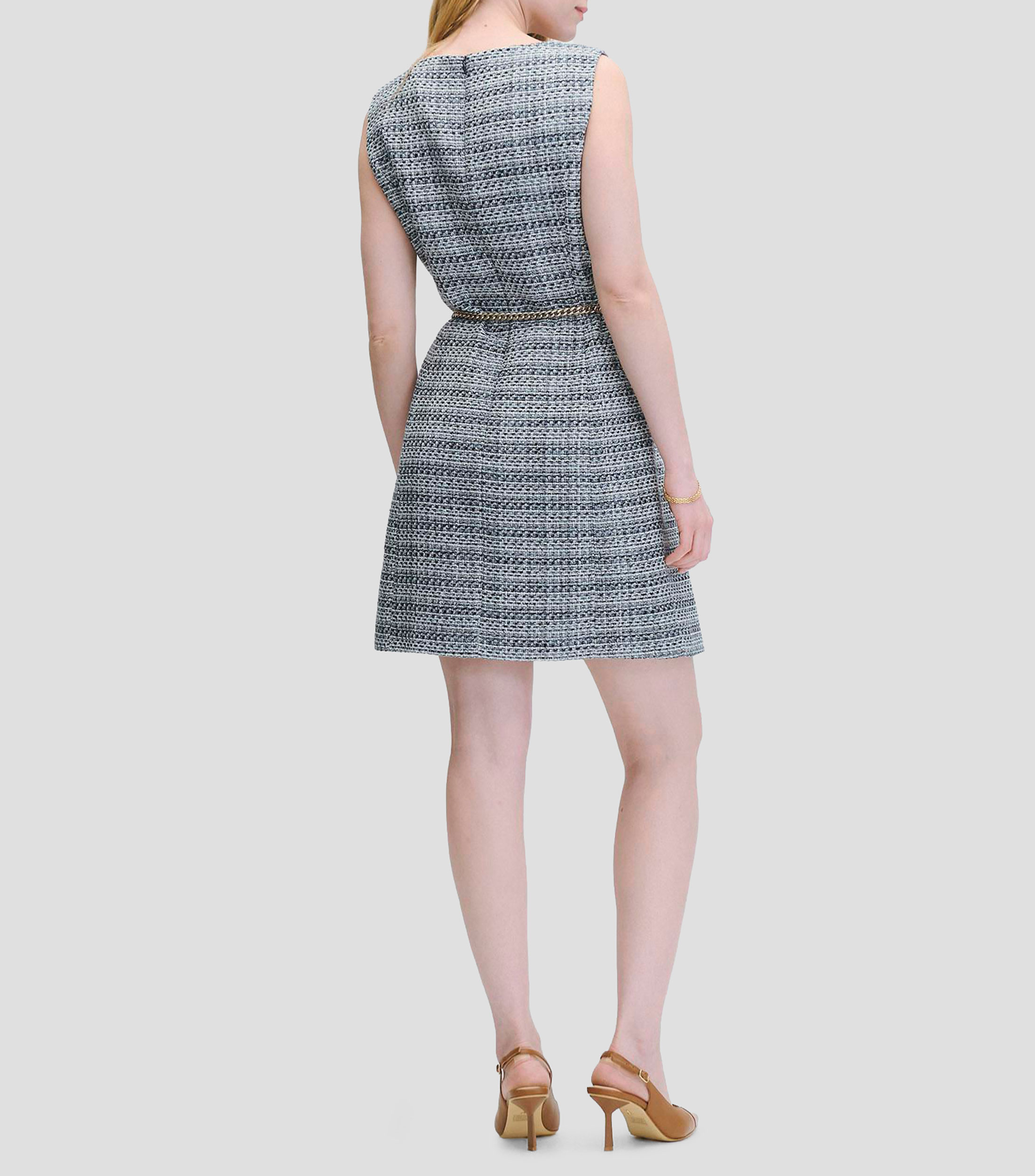 Vestido Corto de Tweed Índigo con Lúrex Línea A Aberturas en Ruedo Mujer