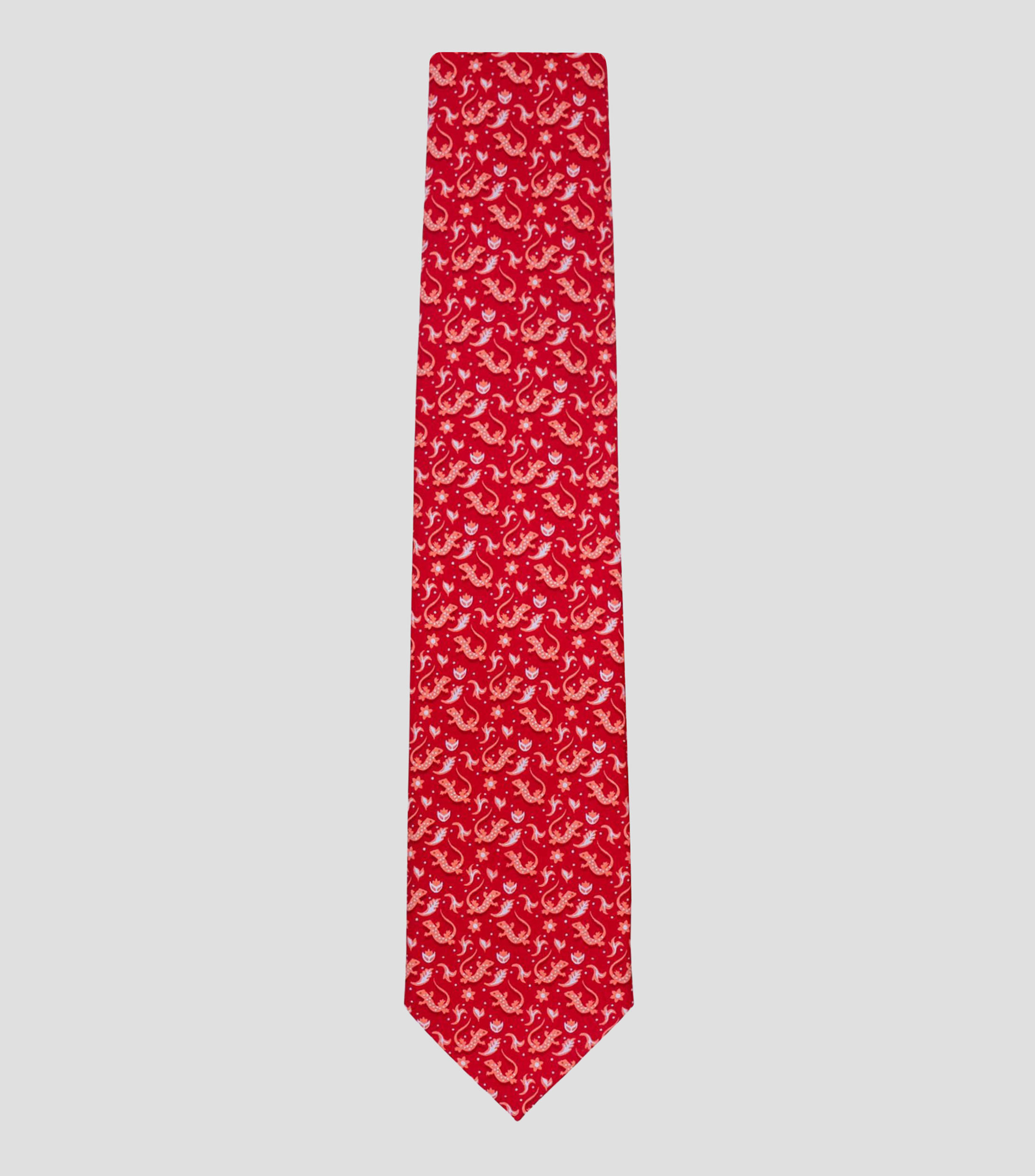 Corbata ancha de seda rojo estampado Iguana mexicana