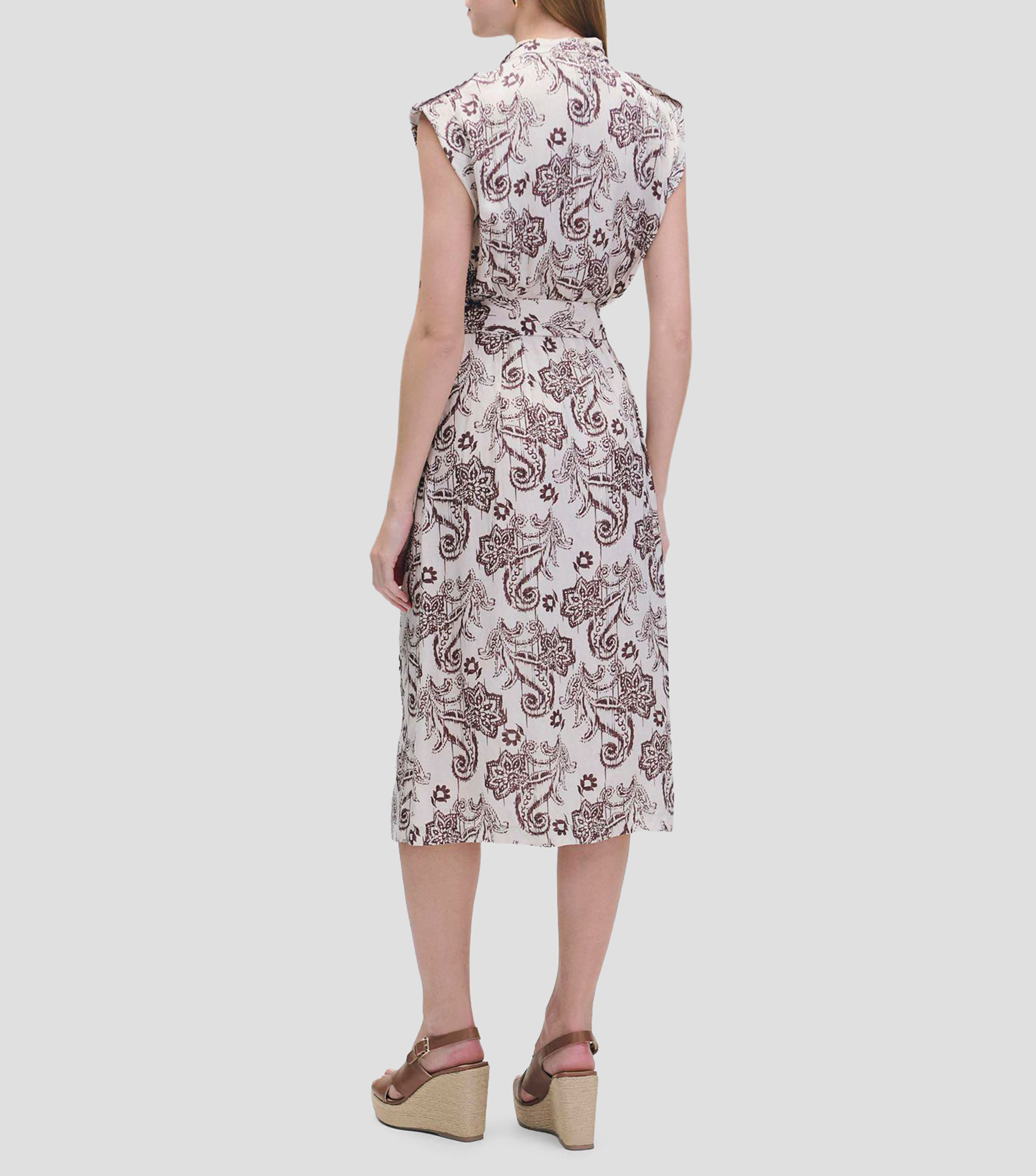 Vestido midi camisero de jacquard ornamental marrón Mujer