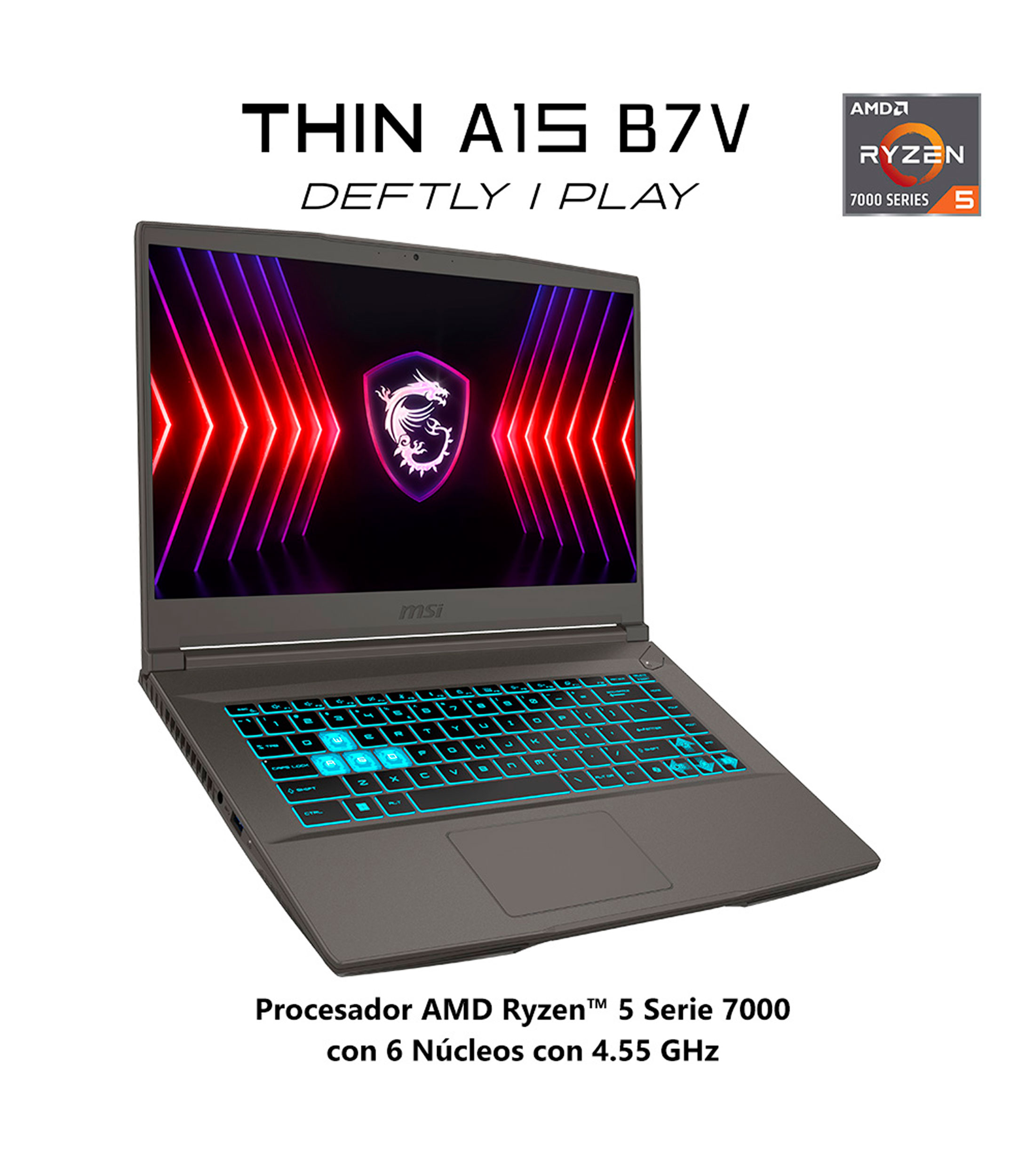 Laptop Gaming Thin A15 B7V, 15.6quot, NVIDIA RTX 4050, AMD Ryzen 5 7535HS, RAM 16 GB, 512 GB SSD, Gris