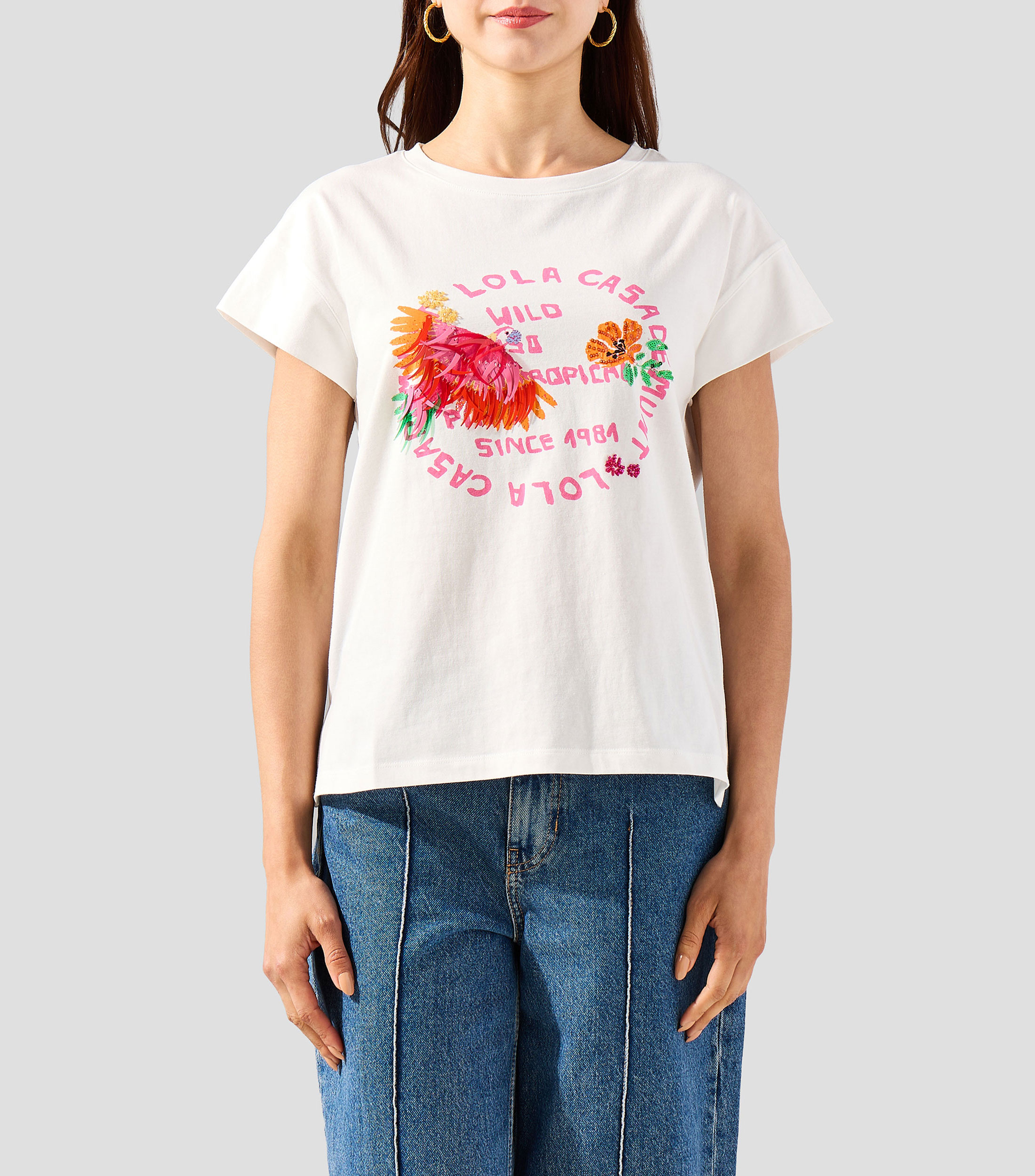 Playera cuello redondo manga corta con estampado Mujer