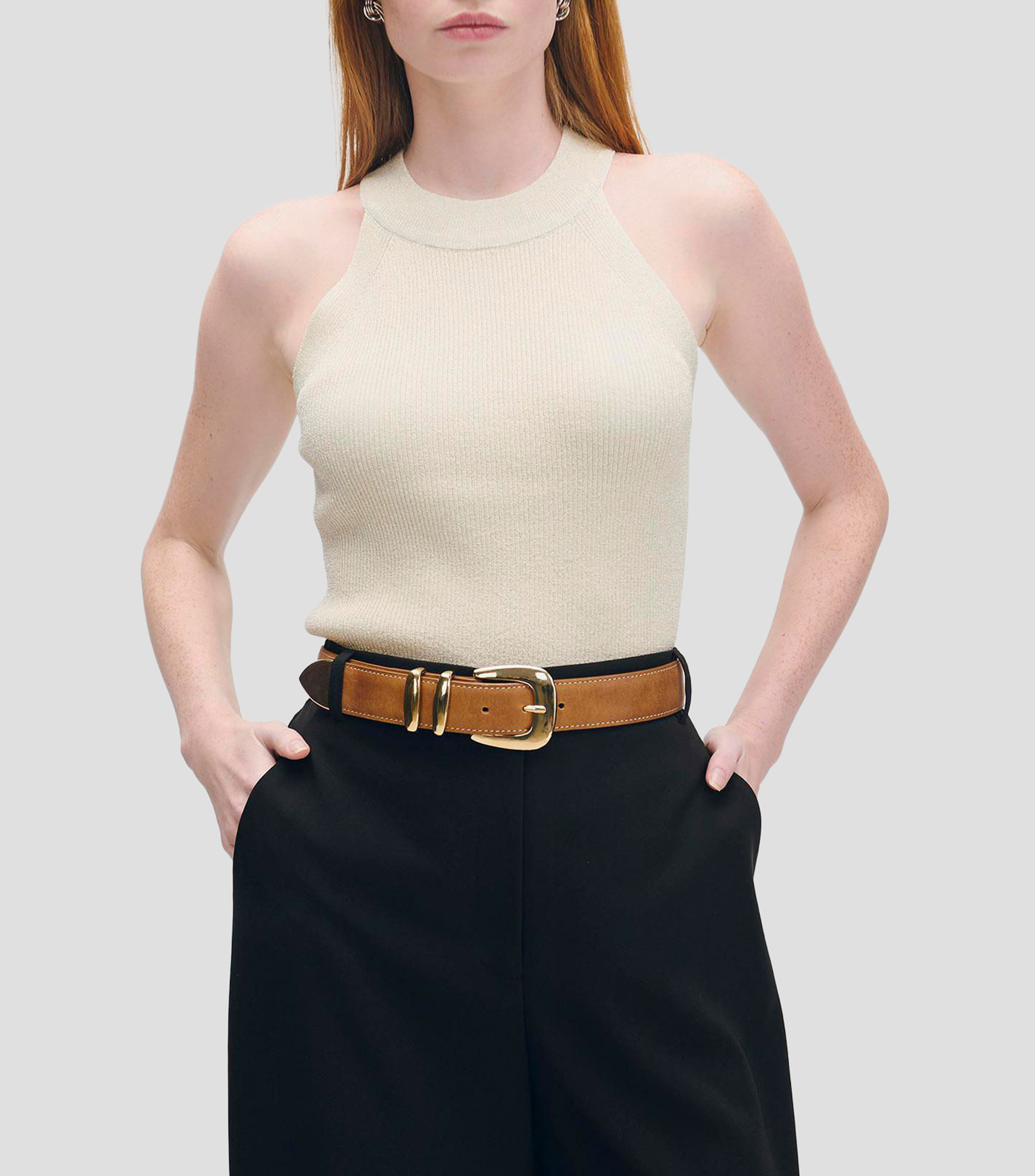 Blusa halter tejido canalé con lúrex Mujer