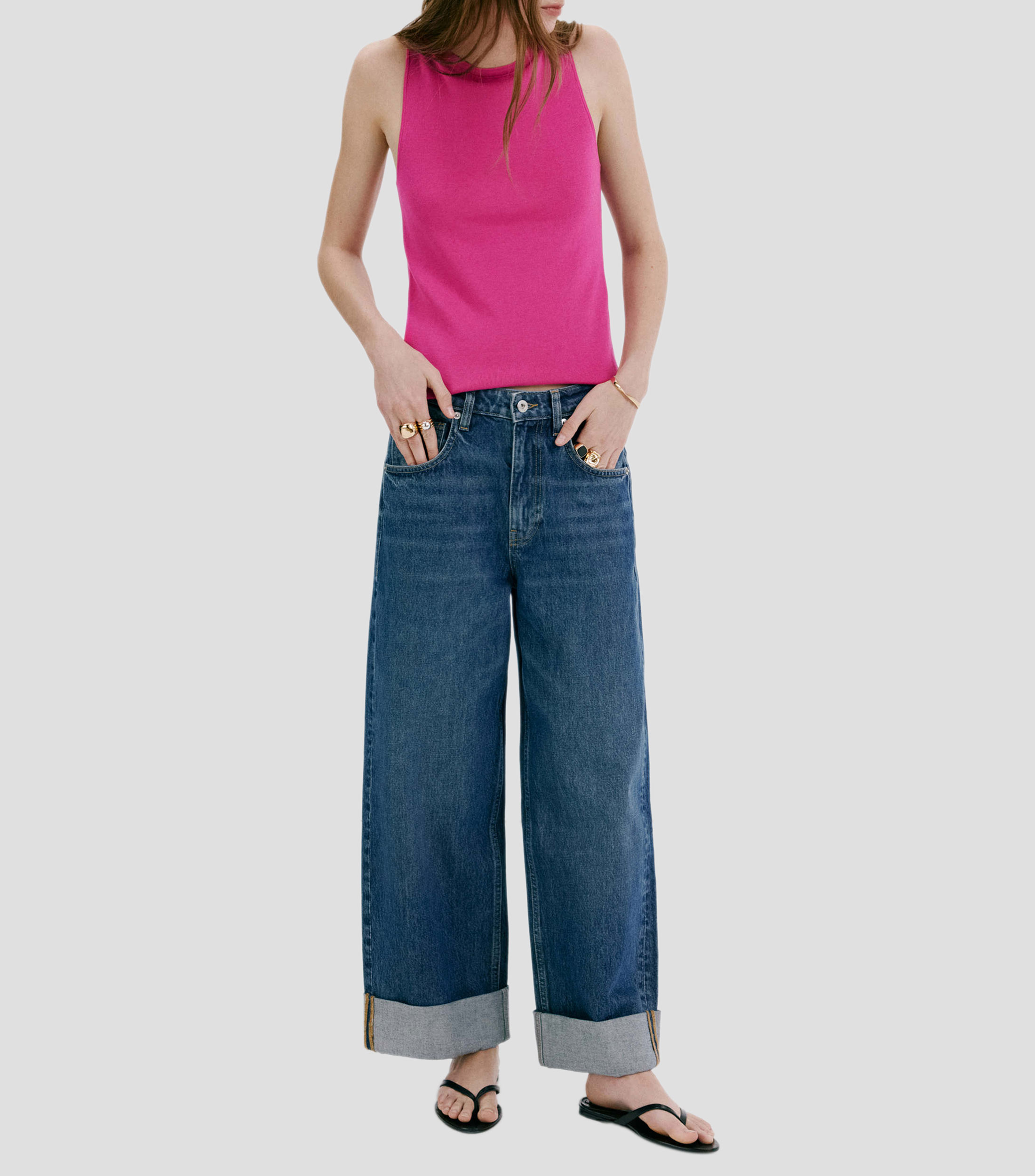 Top cuello redondo manga sin mangas liso Mujer